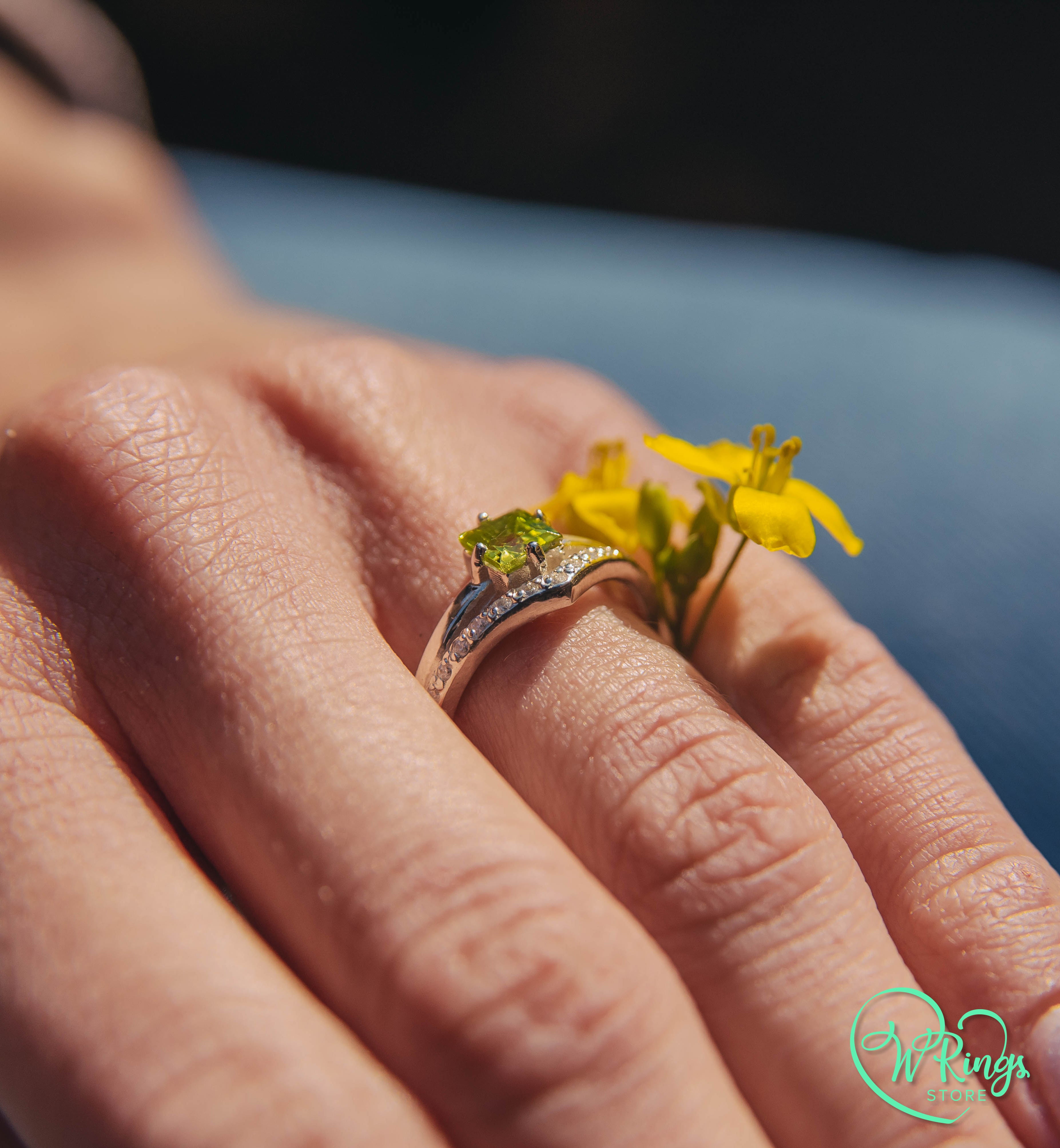 Square Peridot & Split shank Engagement Silver V Ring & Accents
