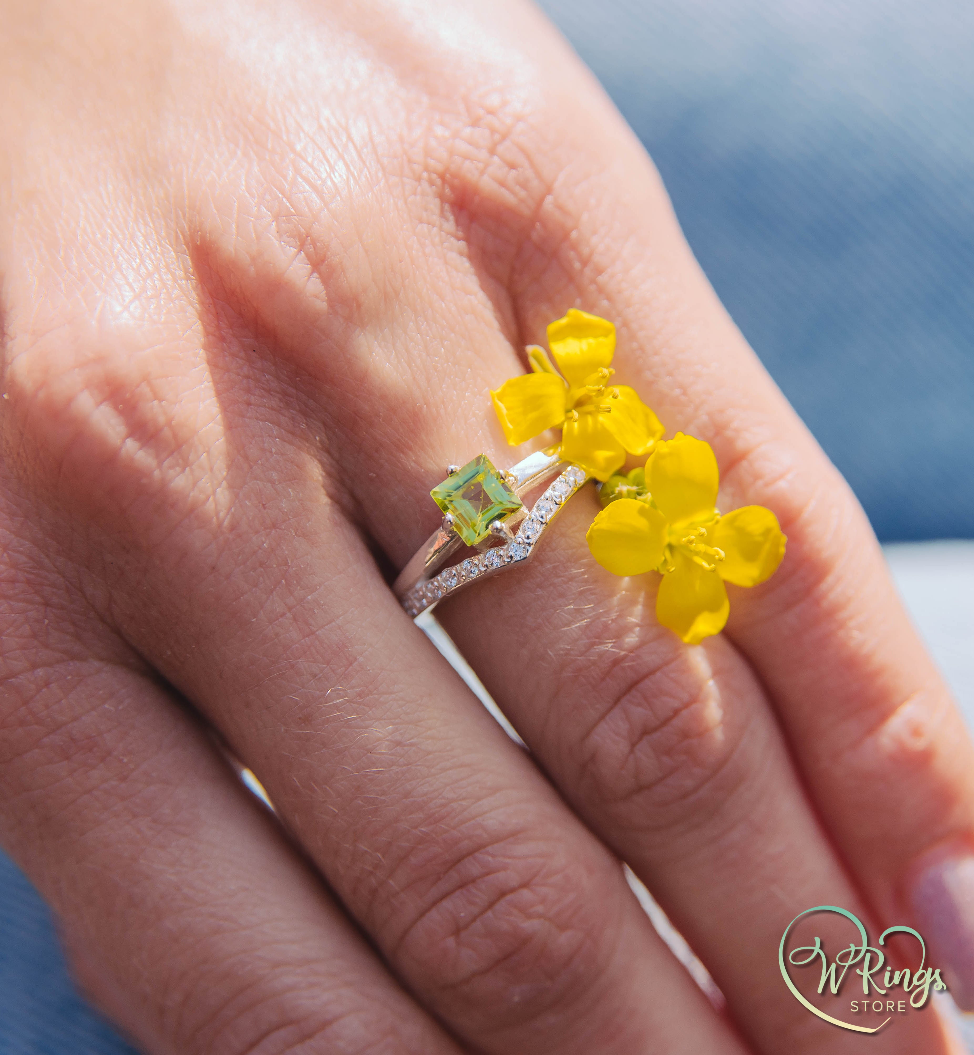 Square Peridot & Split shank Engagement Silver V Ring & Accents