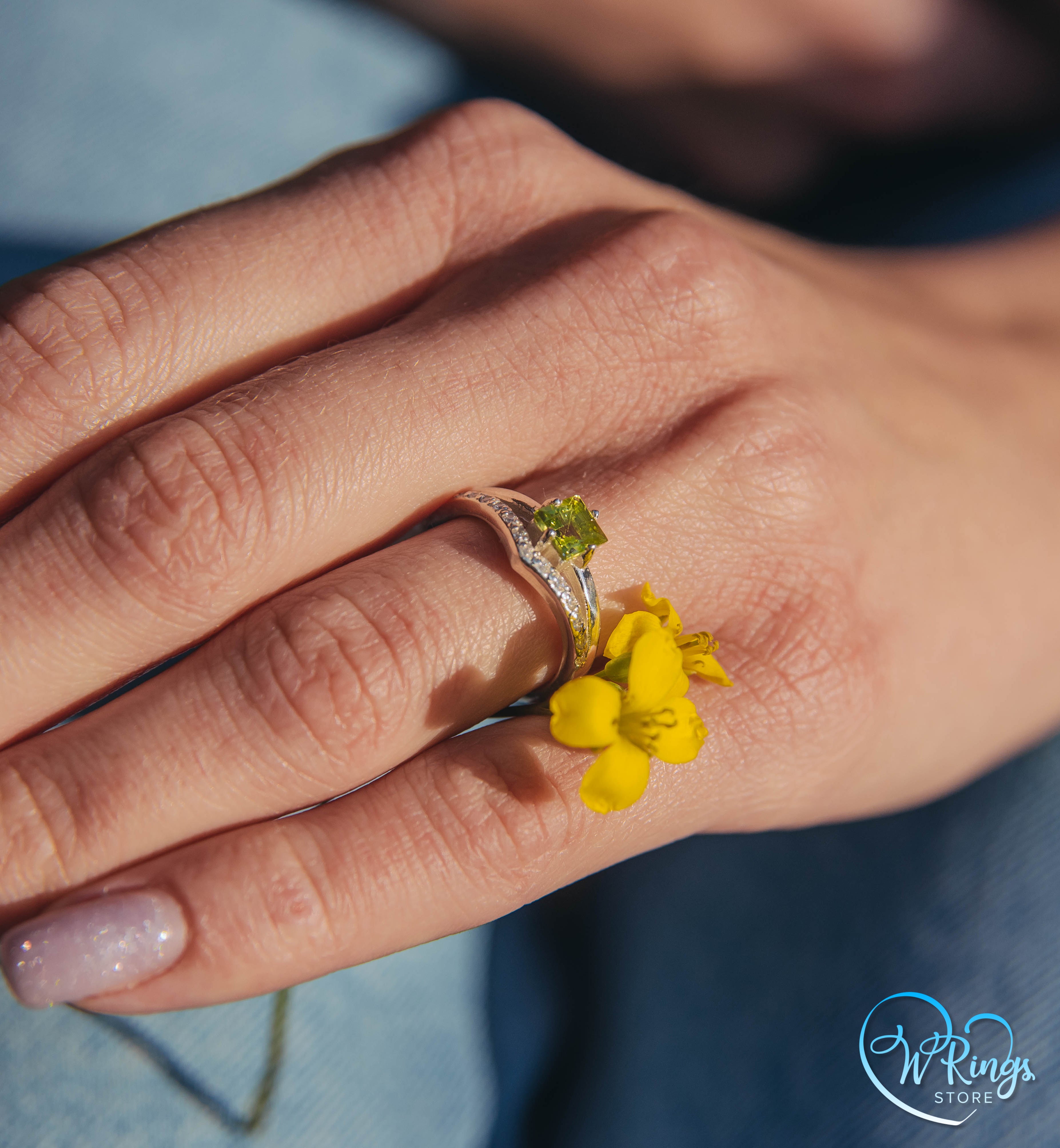 Square Peridot & Split shank Engagement Silver V Ring & Accents