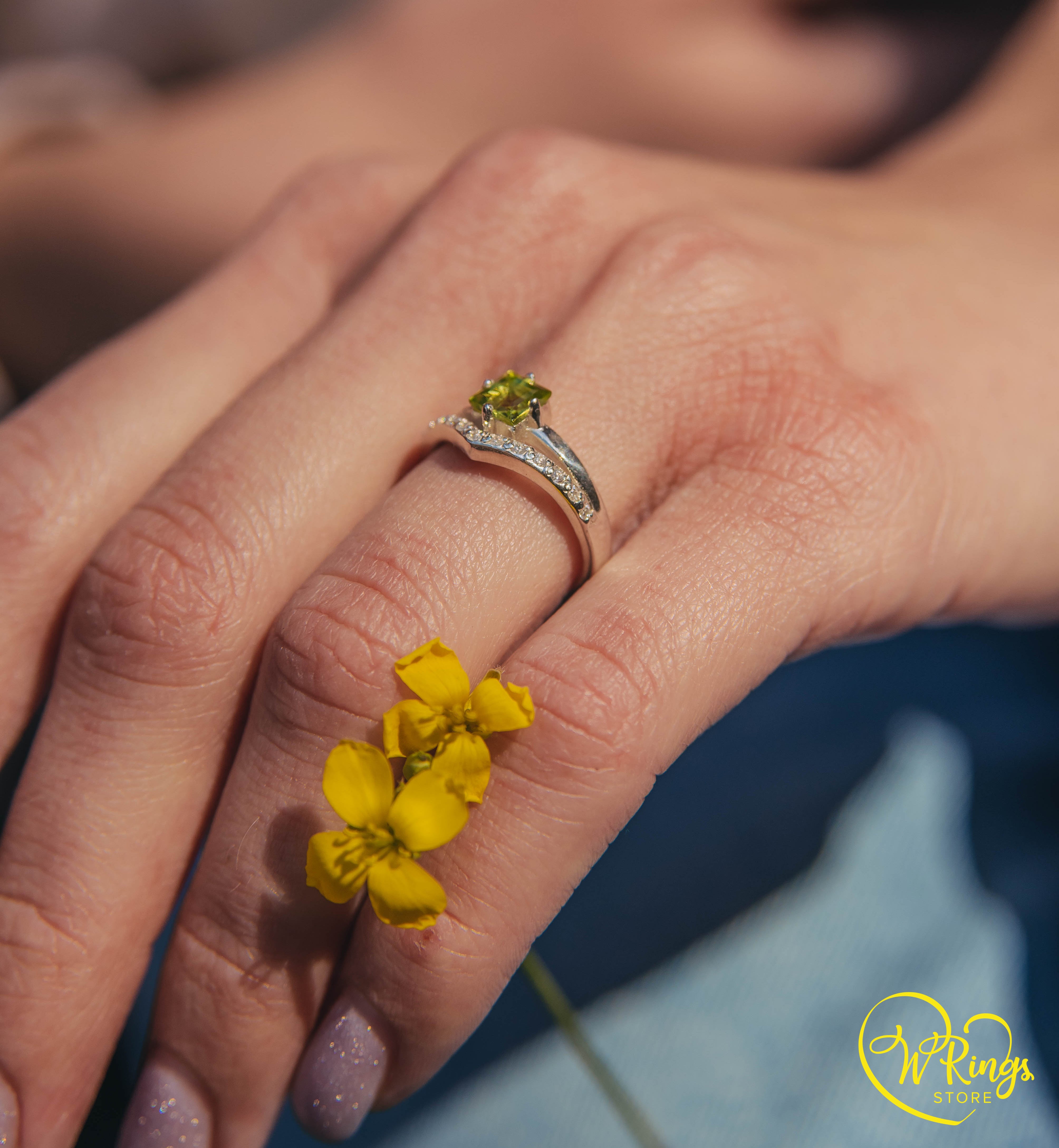 Square Peridot & Split shank Engagement Silver V Ring & Accents