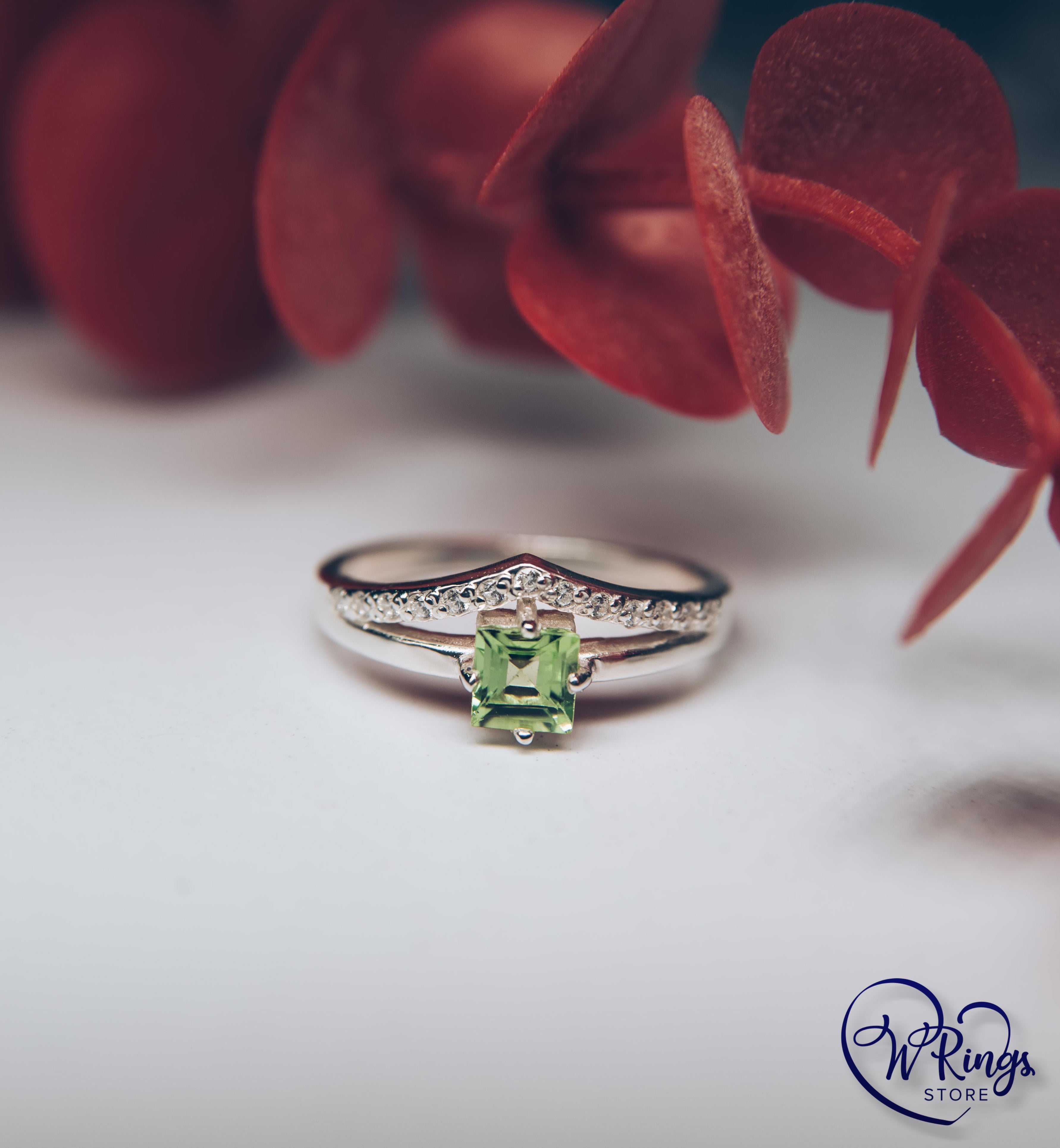 Square Peridot & Split shank Engagement Silver V Ring & Accents