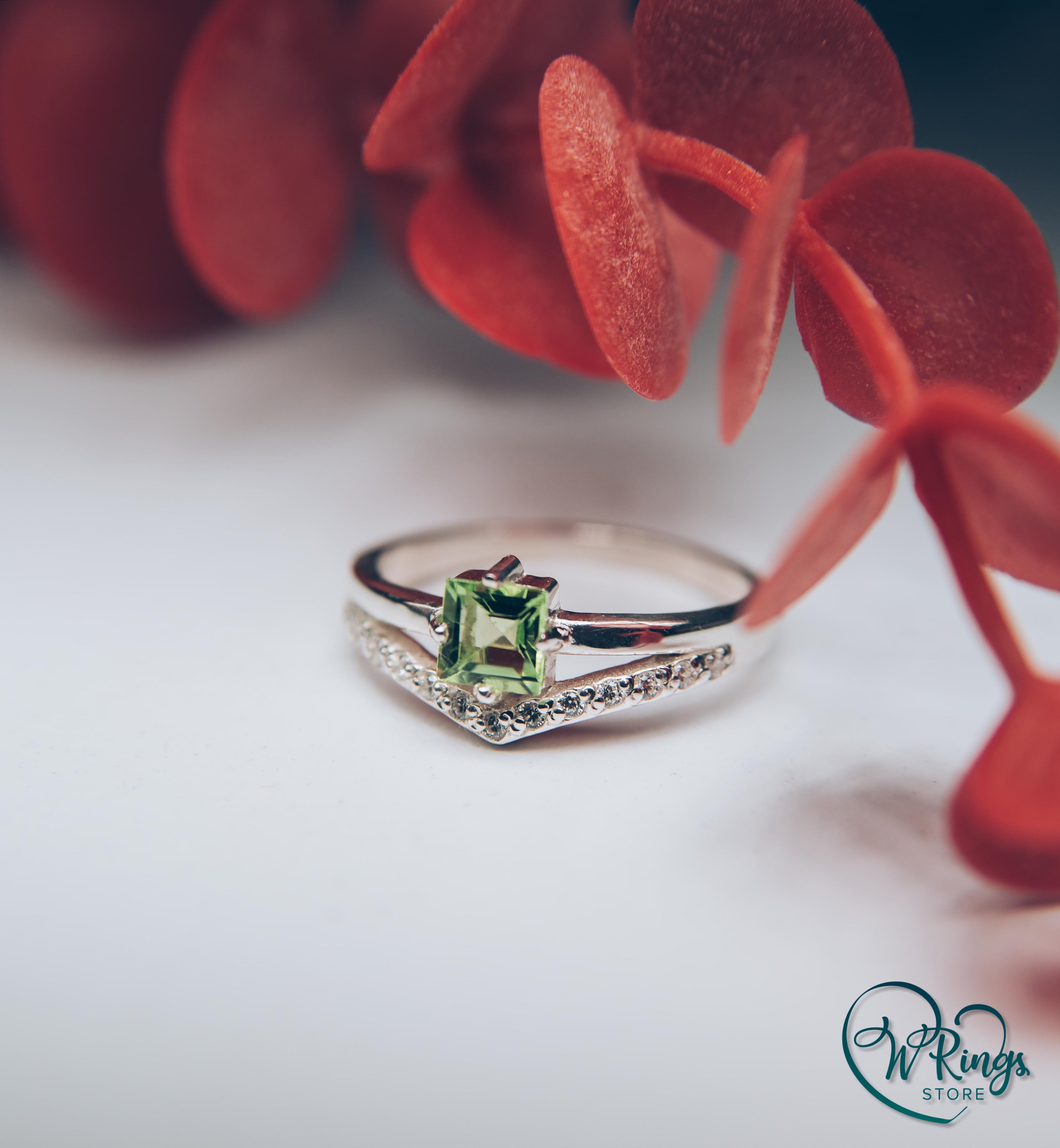 Square Peridot & Split shank Engagement Silver V Ring & Accents