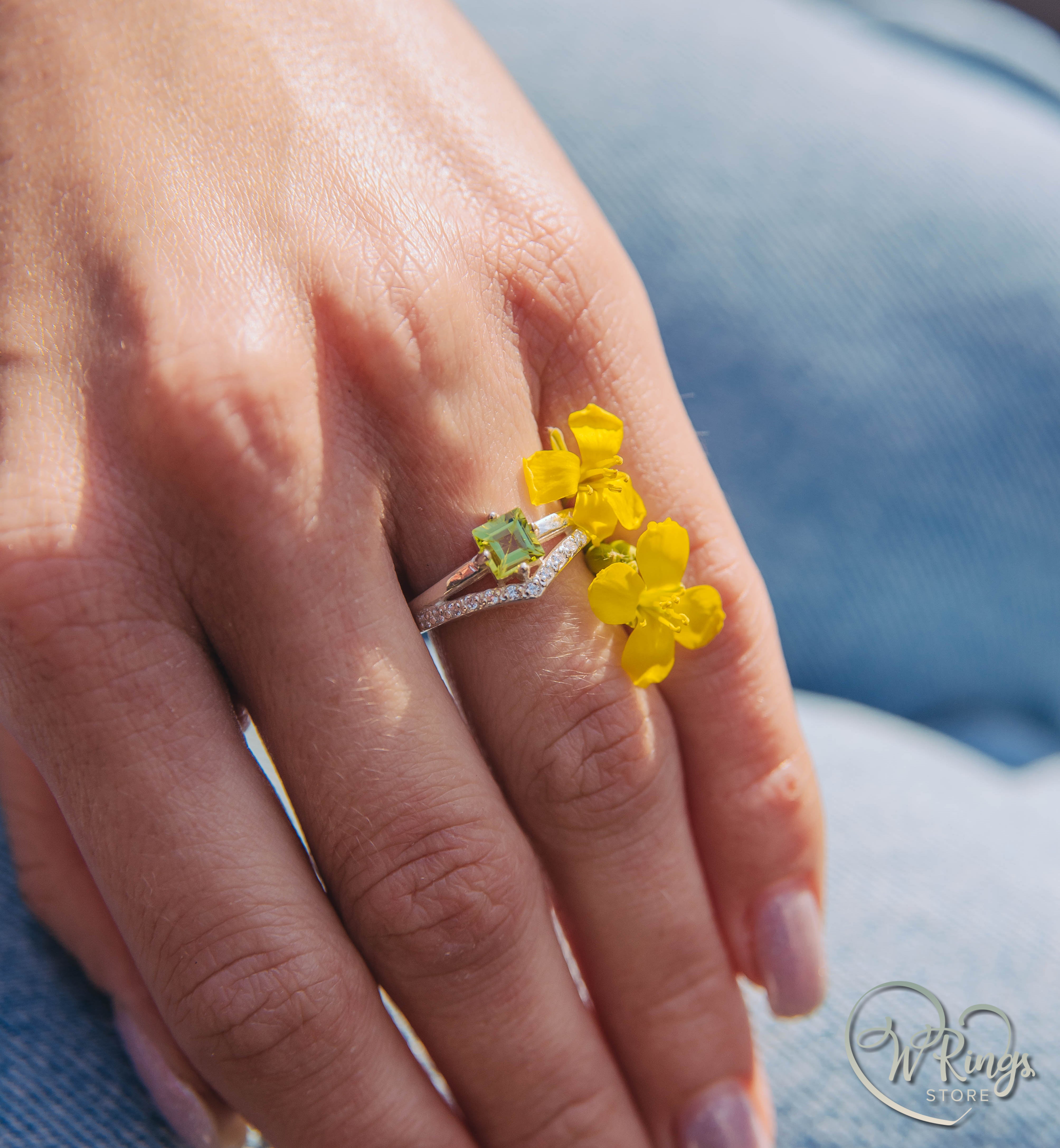 Square Peridot & Split shank Engagement Silver V Ring & Accents