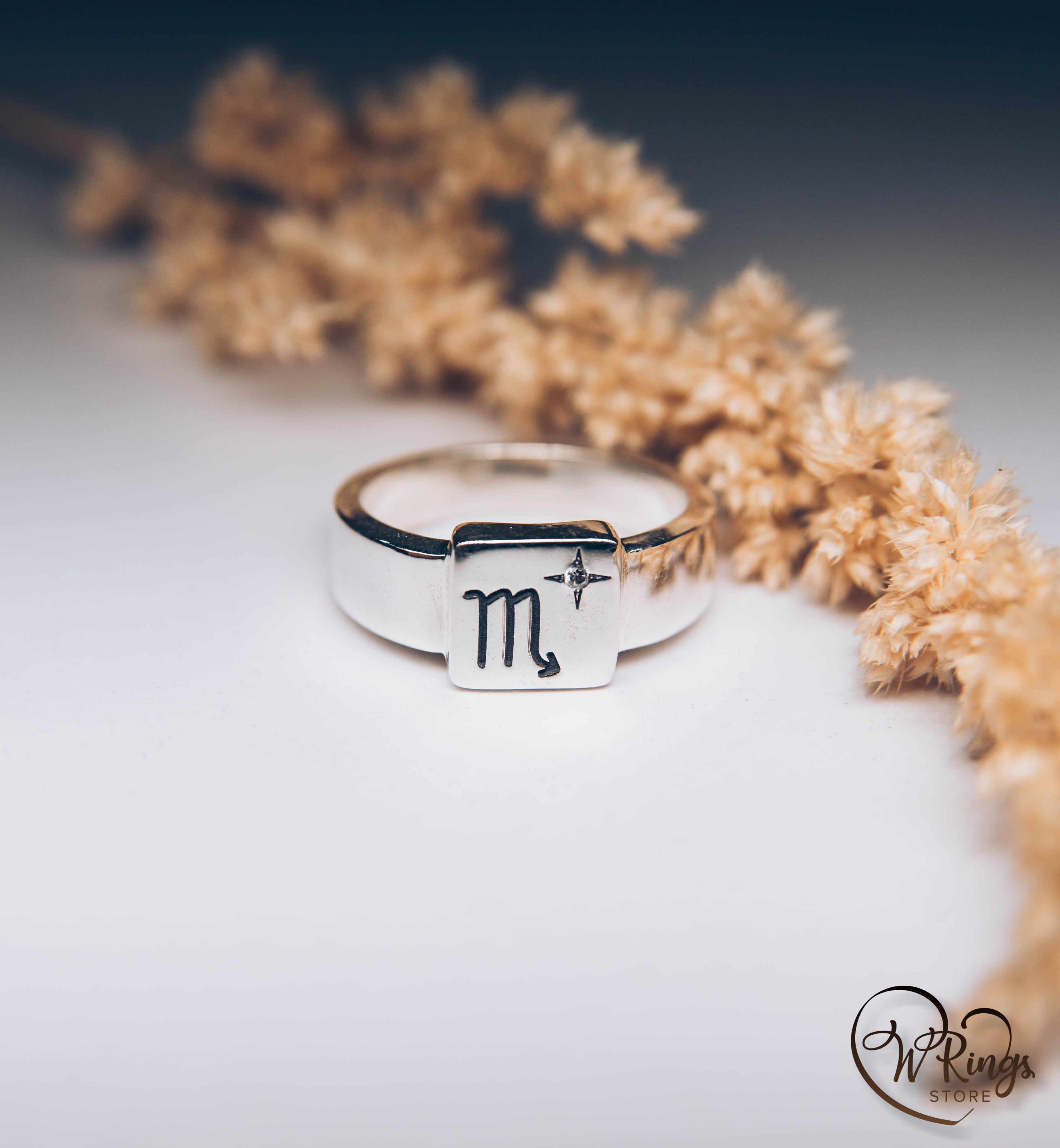 Square Shape Scorpio Signet Ring in Silver & CZ in engraved Star