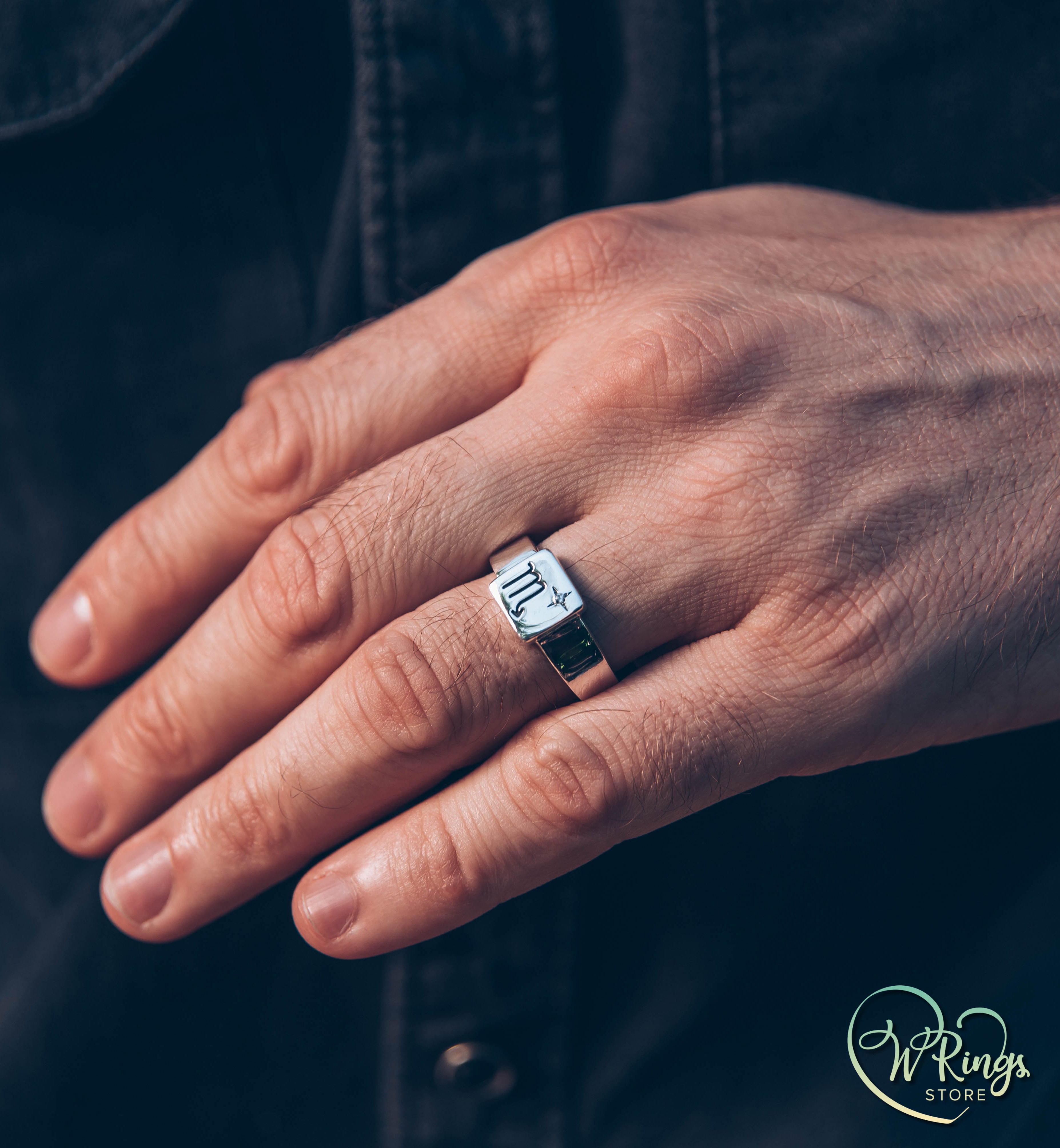 Square Shape Scorpio Signet Ring in Silver & CZ in engraved Star