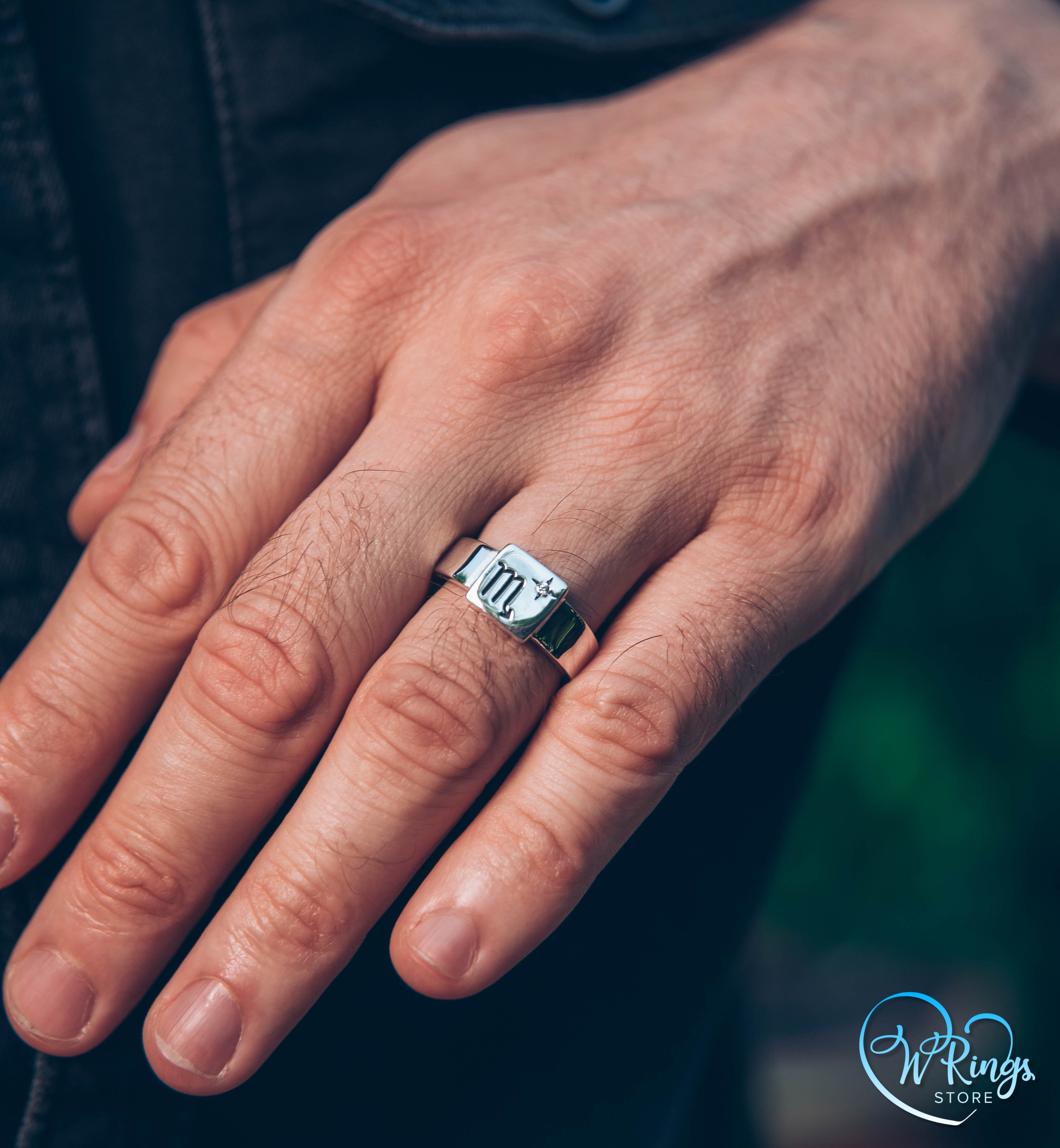 Square Shape Scorpio Signet Ring in Silver & CZ in engraved Star
