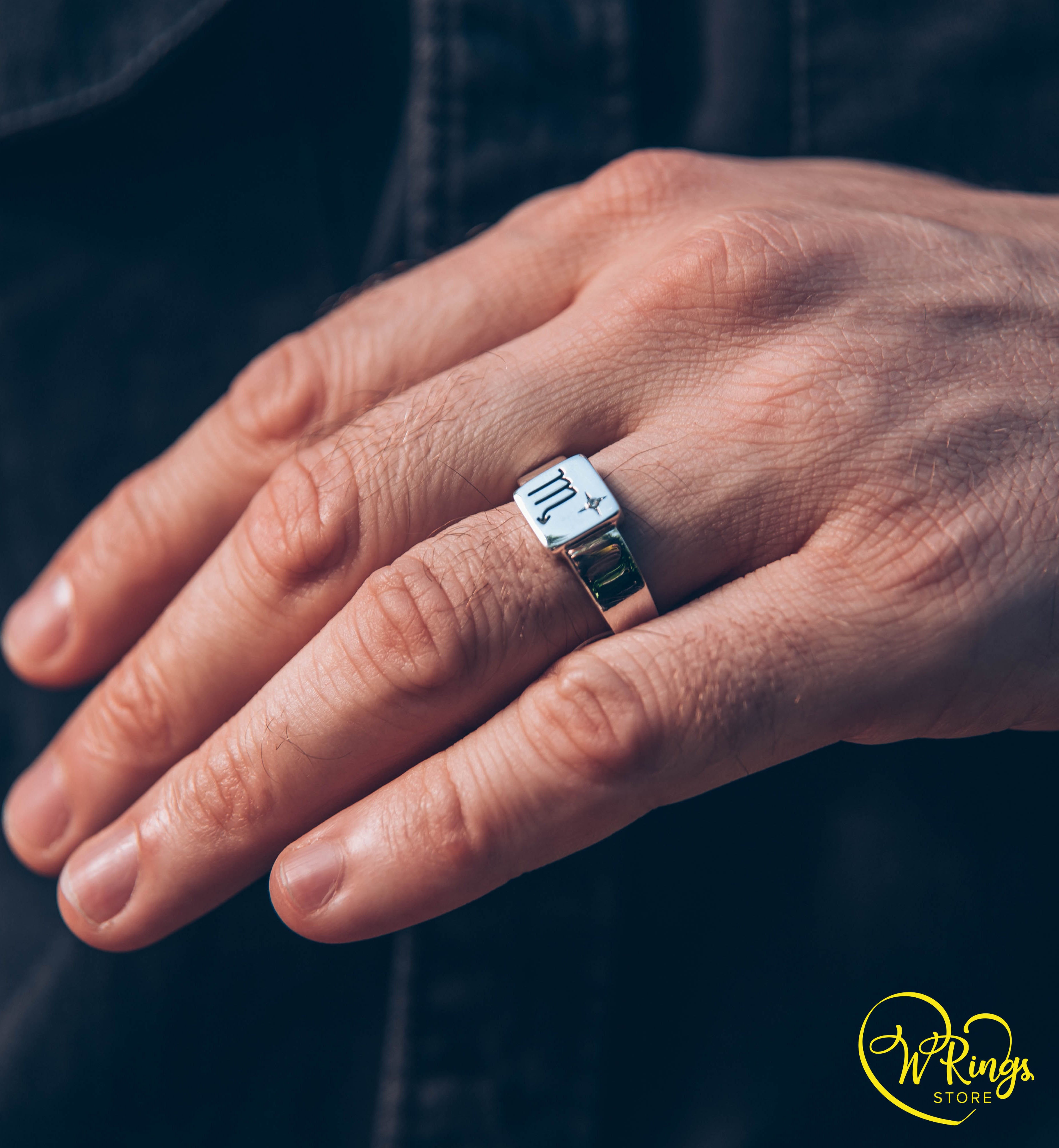 Square Shape Scorpio Signet Ring in Silver & CZ in engraved Star