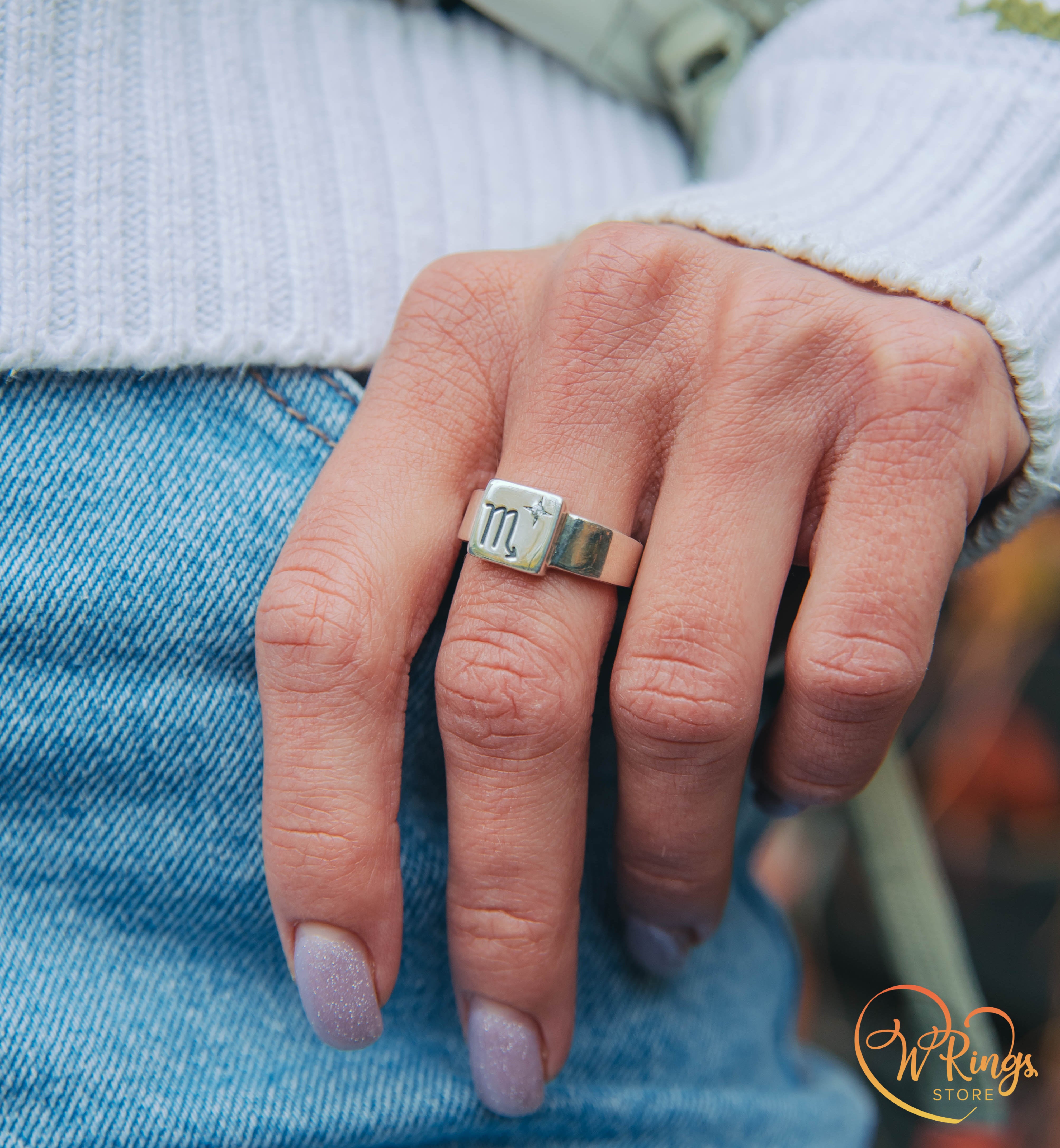Square Shape Scorpio Signet Ring in Silver & CZ in engraved Star