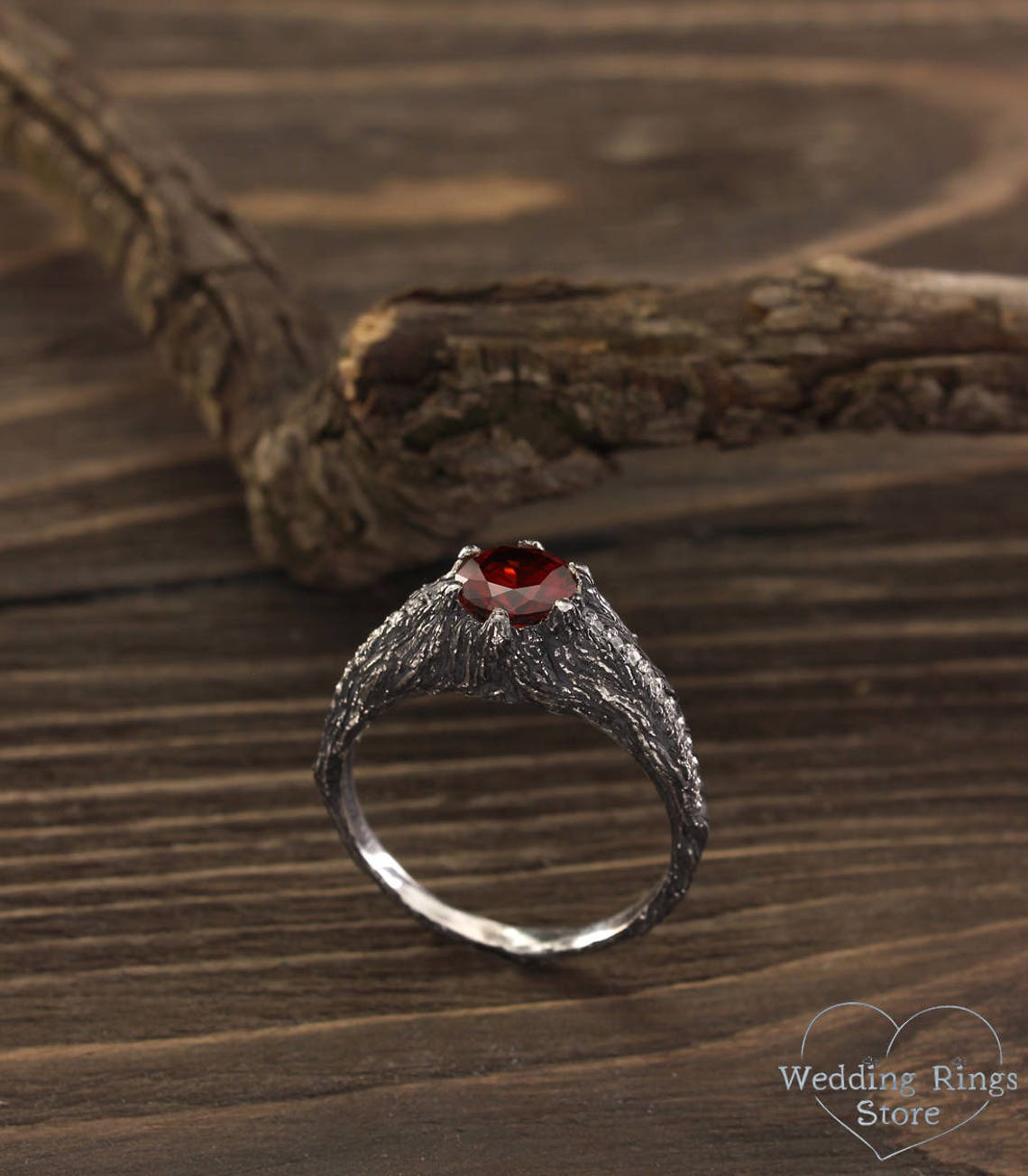 Big Garnet Ring with Silver Tree and Side Stones