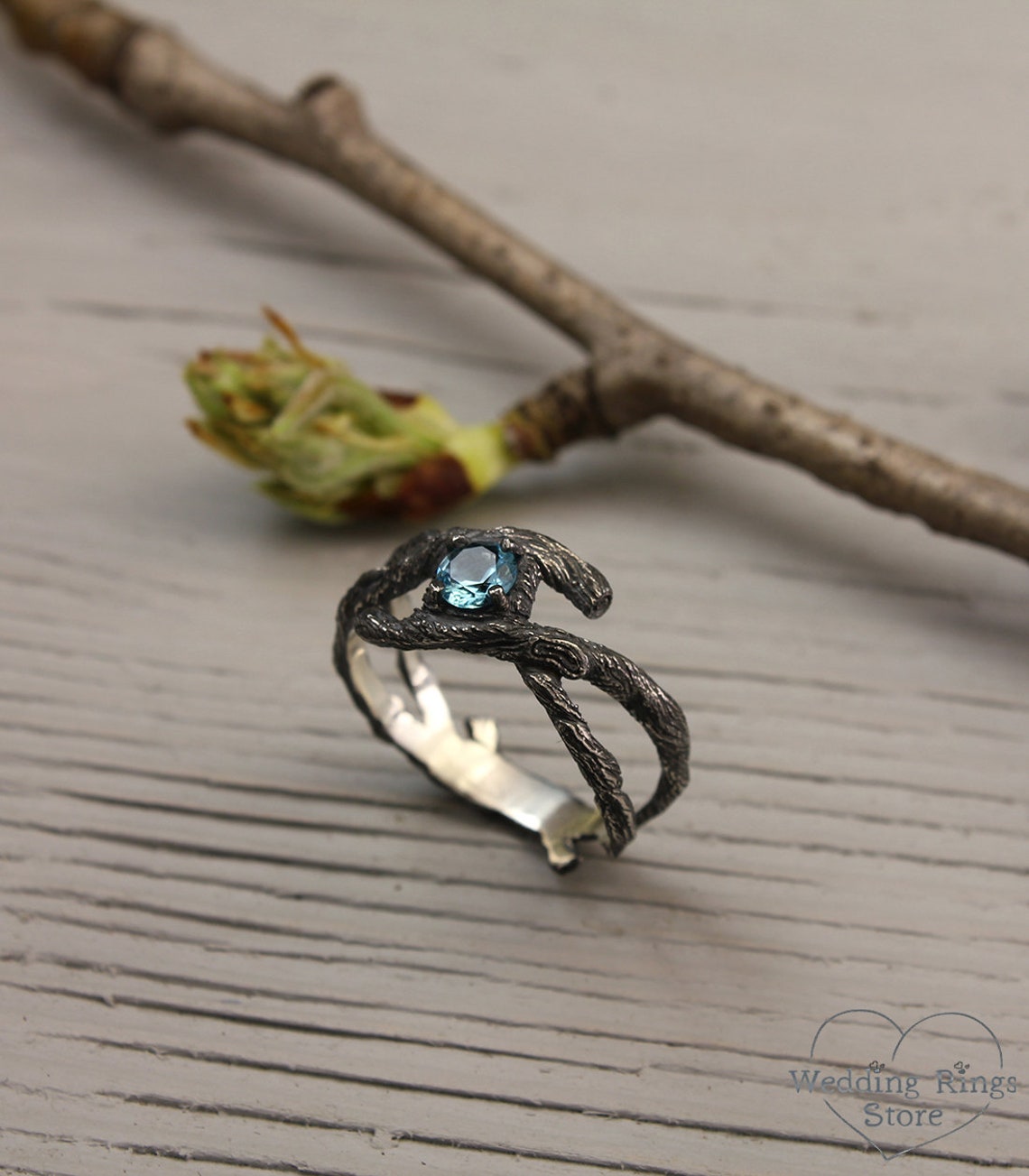 Silver Twisted Branch & Shiny Topaz — Women's Statement Ring