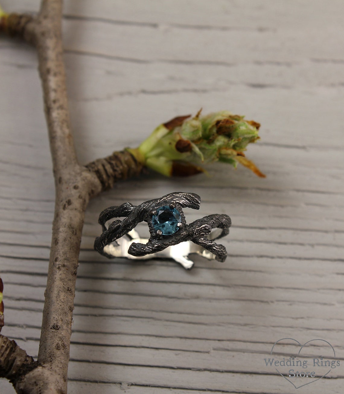 Silver Twisted Branch & Shiny Topaz — Women's Statement Ring