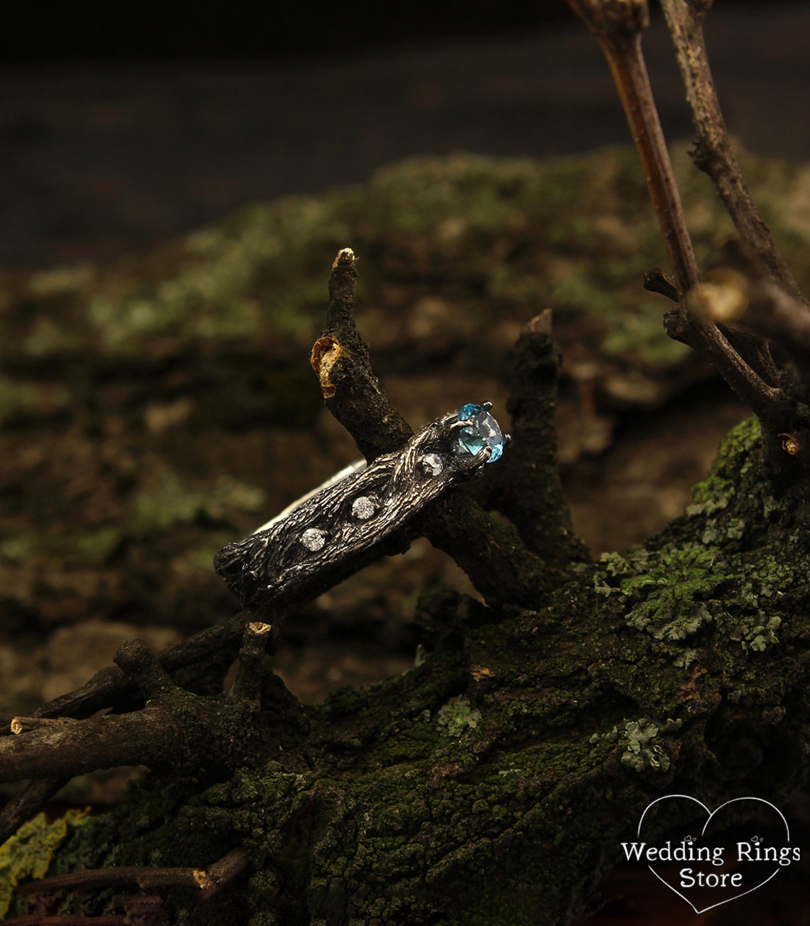 Silver Woodbark Topaz Engagement Ring & CZ Side stones