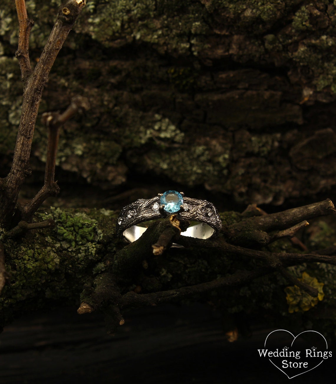 Silver Woodbark Topaz Engagement Ring & CZ Side stones