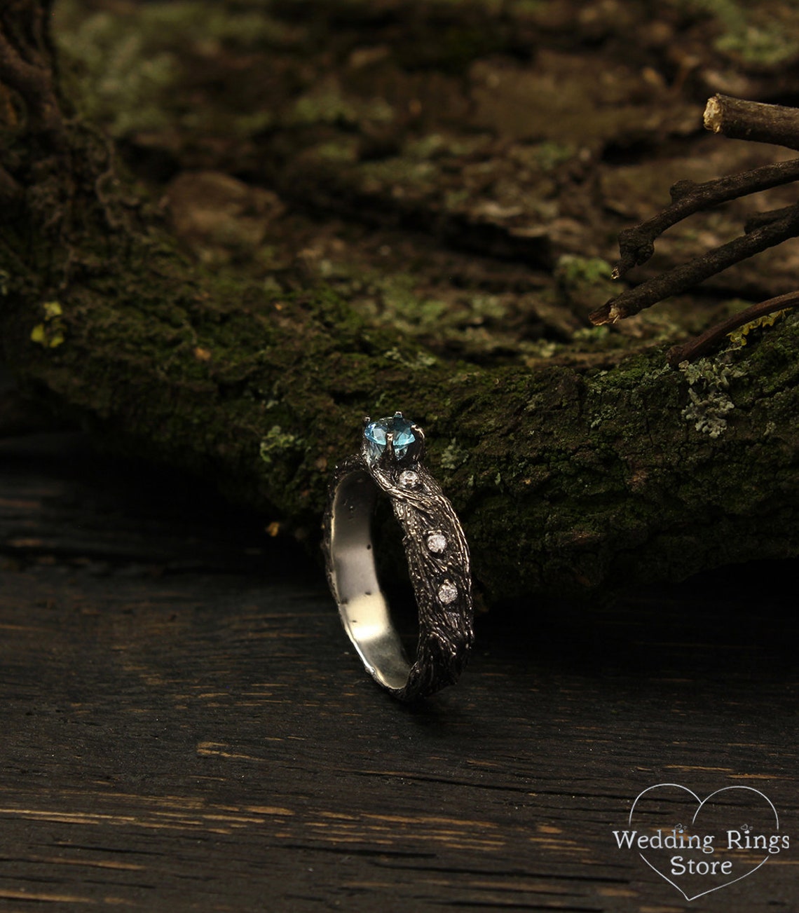 Silver Woodbark Topaz Engagement Ring & CZ Side stones