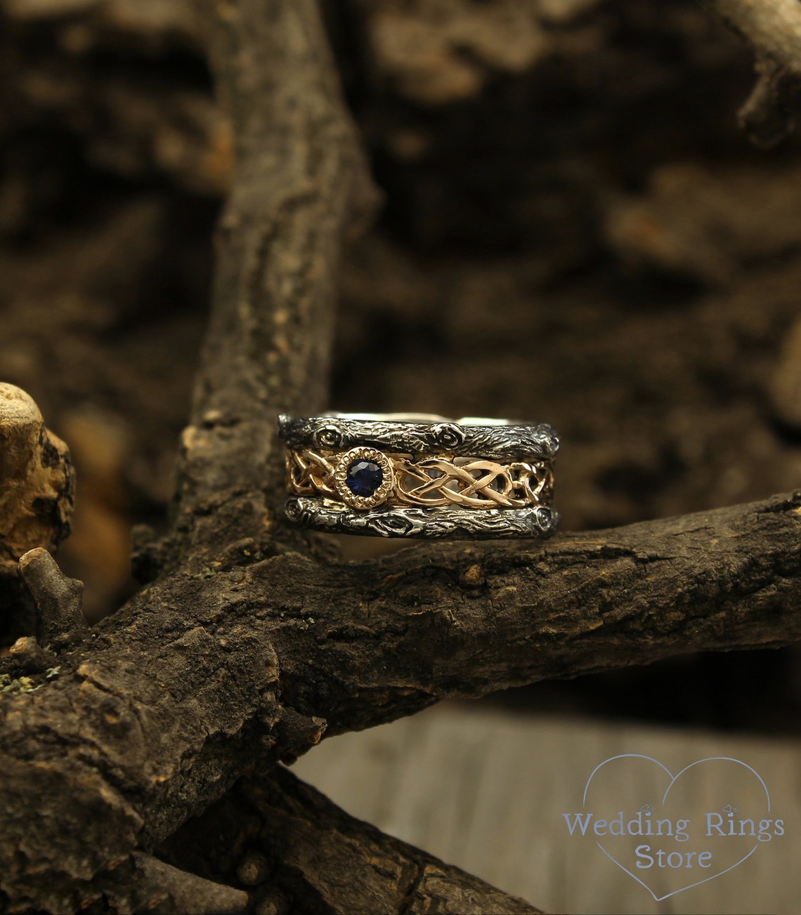 Woodgrain Style and Celtic pattern Mixed Metals Sapphire Wedding Band