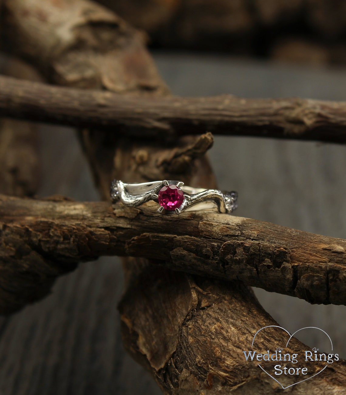 Stunning Round Ruby Engagement Ring & Silver Branch
