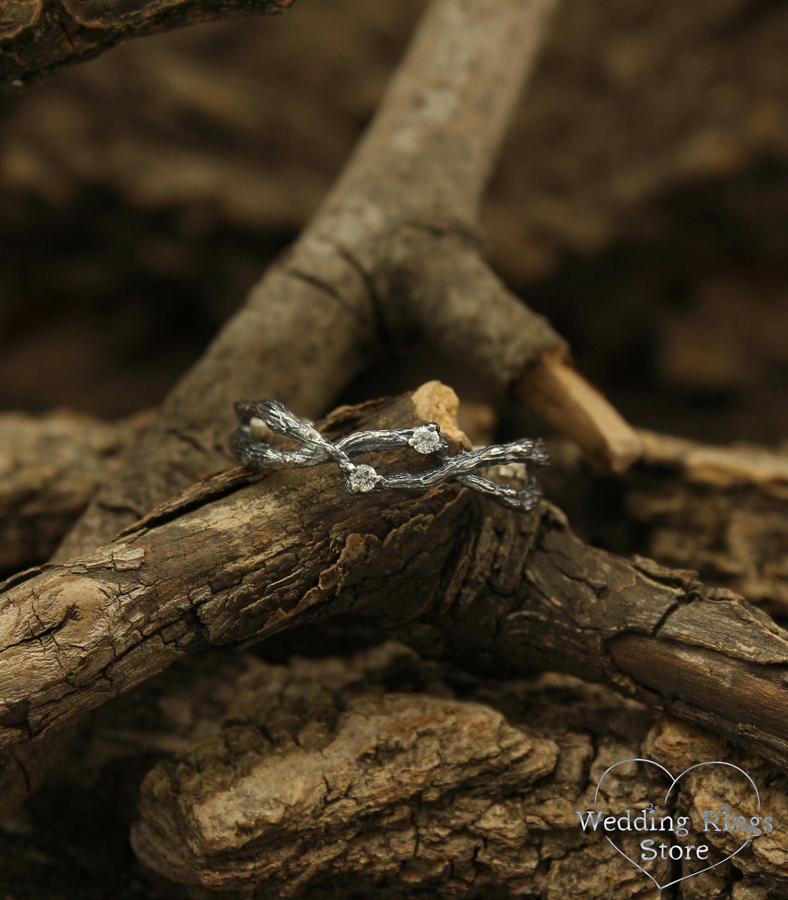 Antique Finished Silver Double Braided Branch Ring & Gemstones