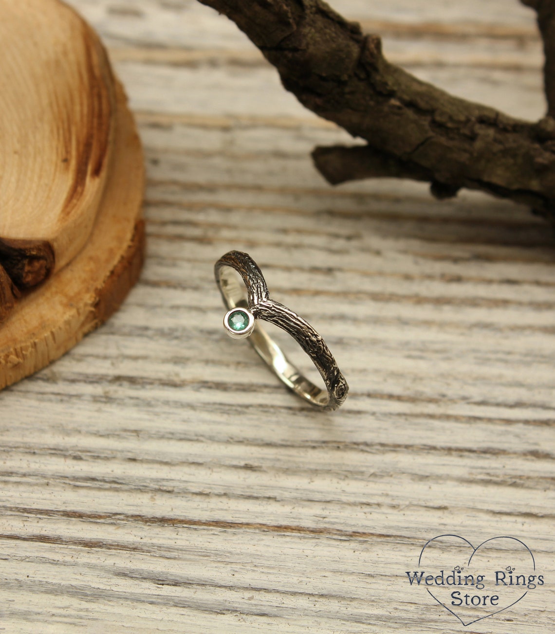 Dainty Twig Tiny Silver V-Ring with Emerald