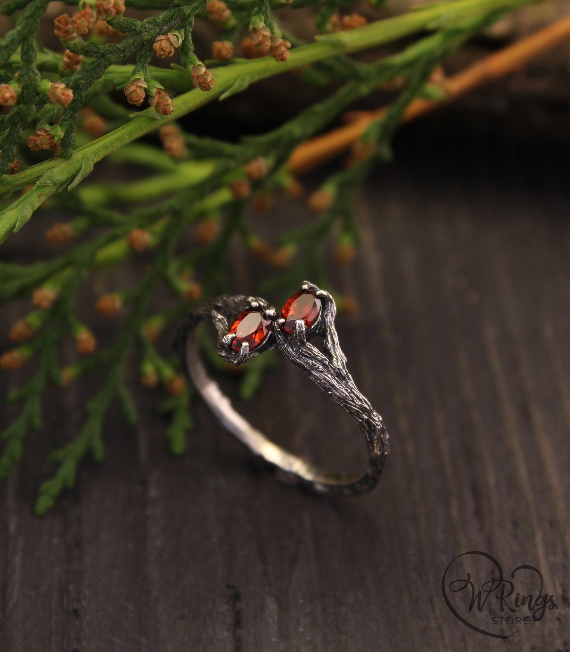 Two Oval Garnets Tiny Silver Branch Engagement Ring