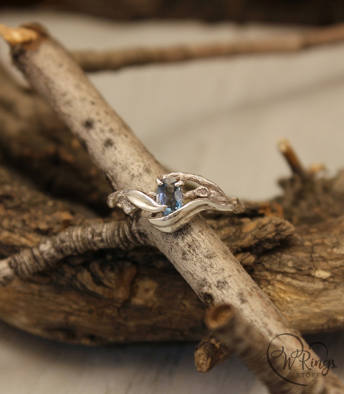 Tiny Silver Branch and Leaves with blue Topaz Engagement Ring