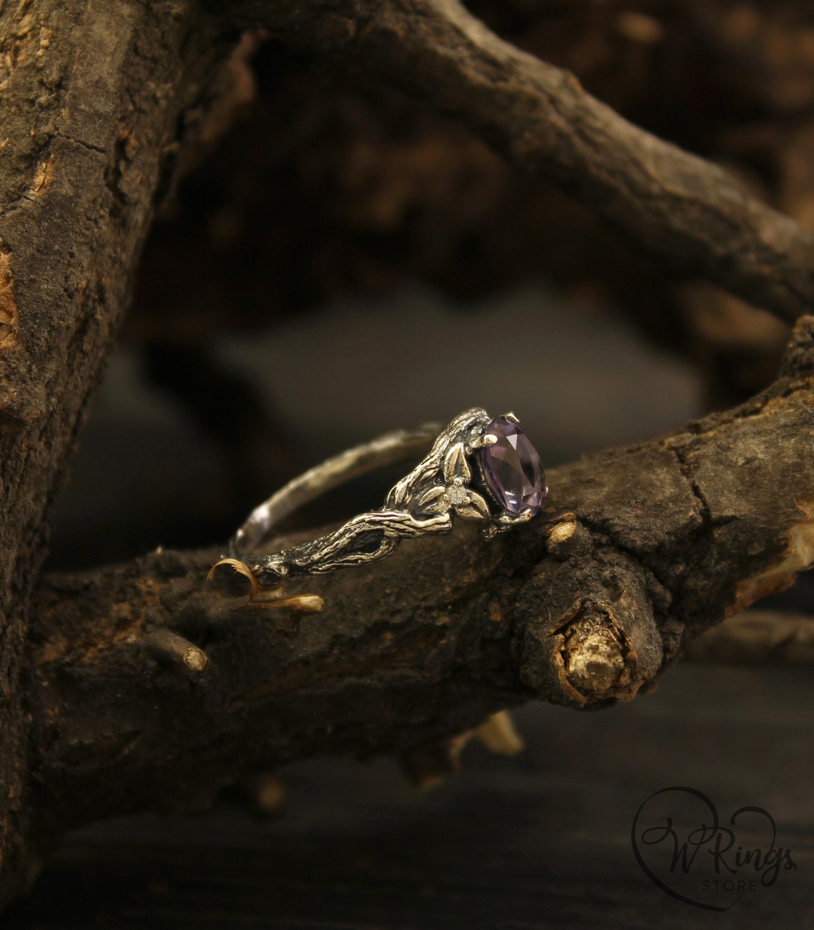 Oval Alexandrite Engagement Ring Braided Silver Branch & Leaves