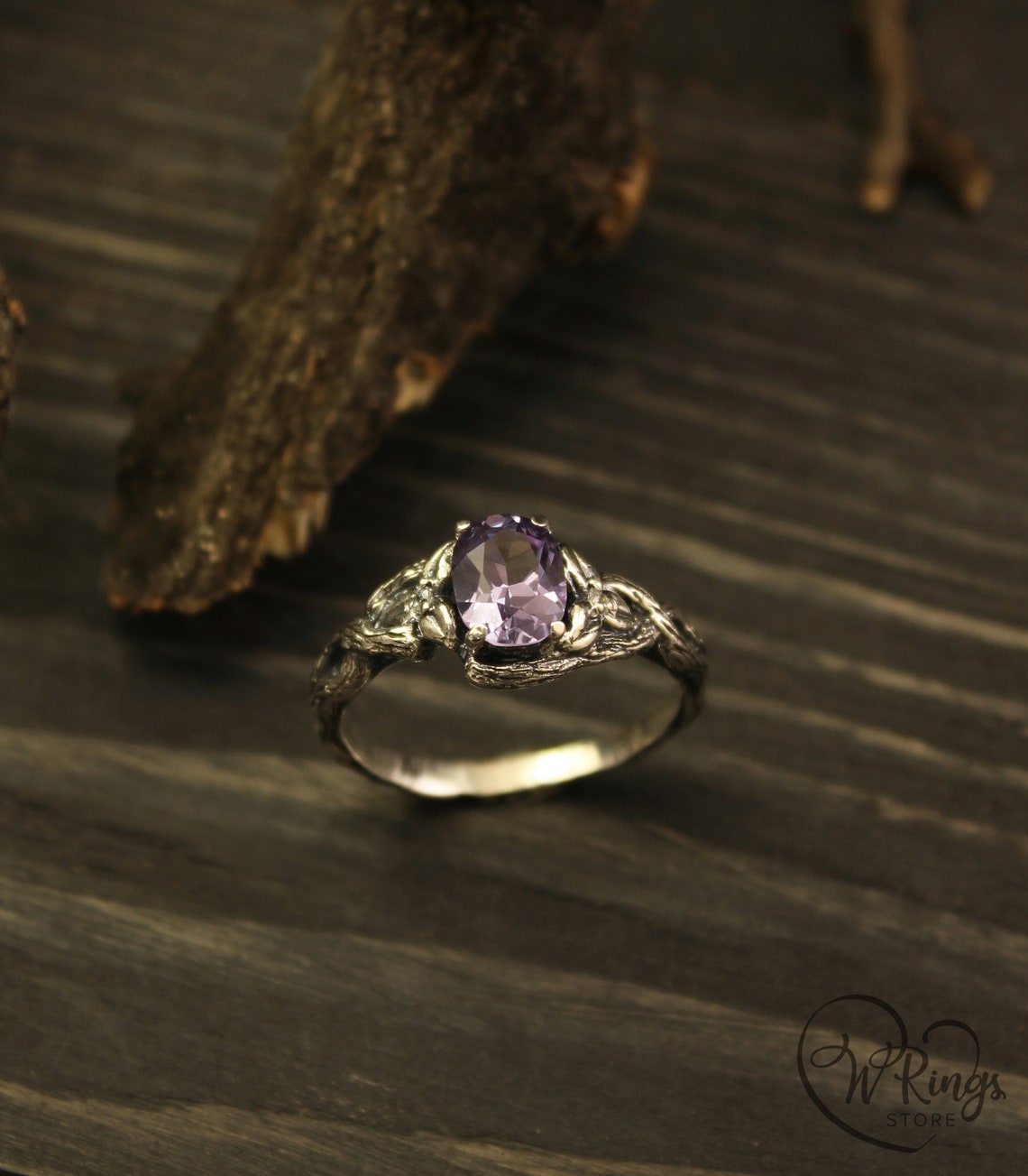 Oval Alexandrite Engagement Ring Braided Silver Branch & Leaves