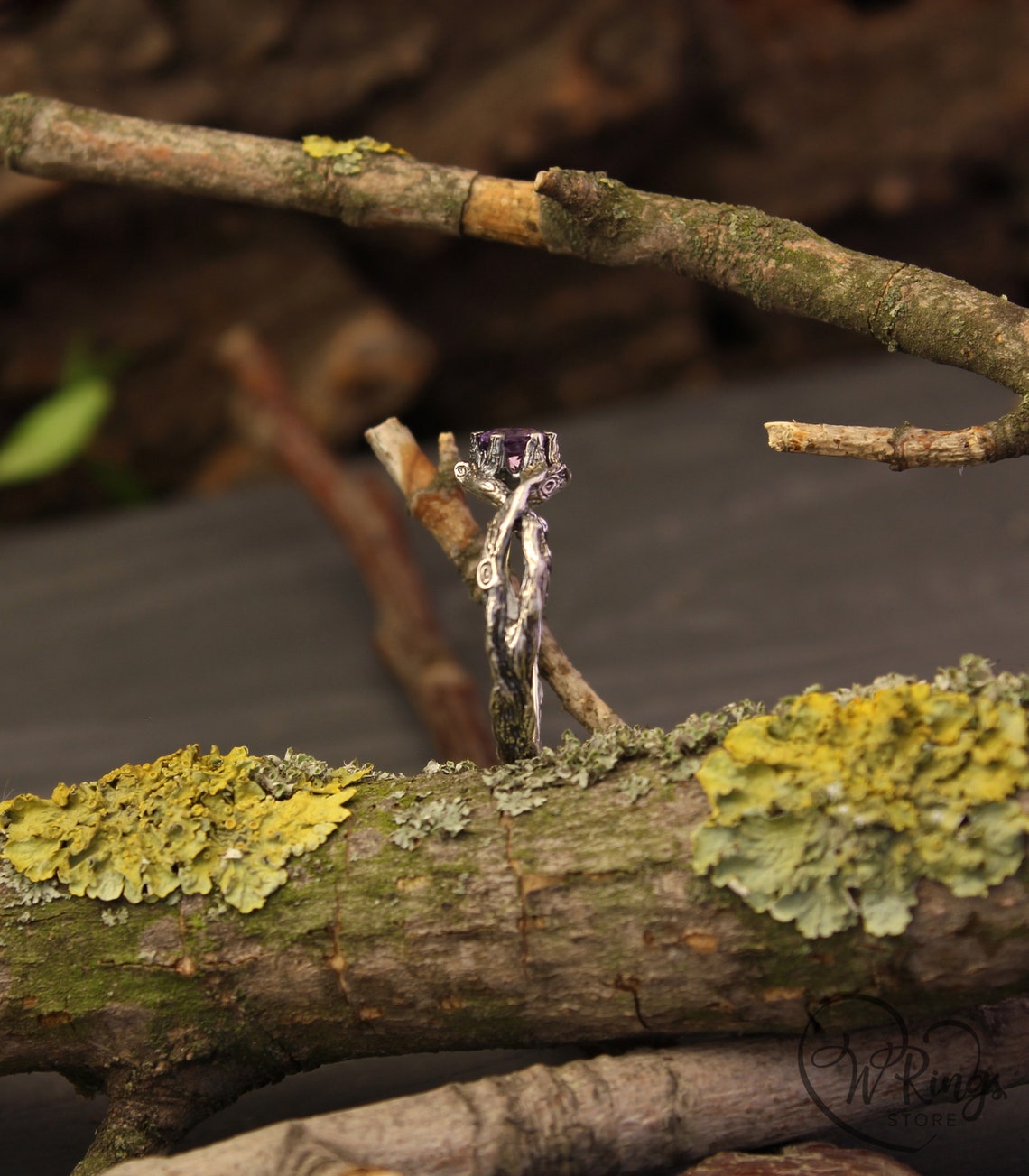 Unique Double Braided Silver Branch Ring with Natural Amethyst