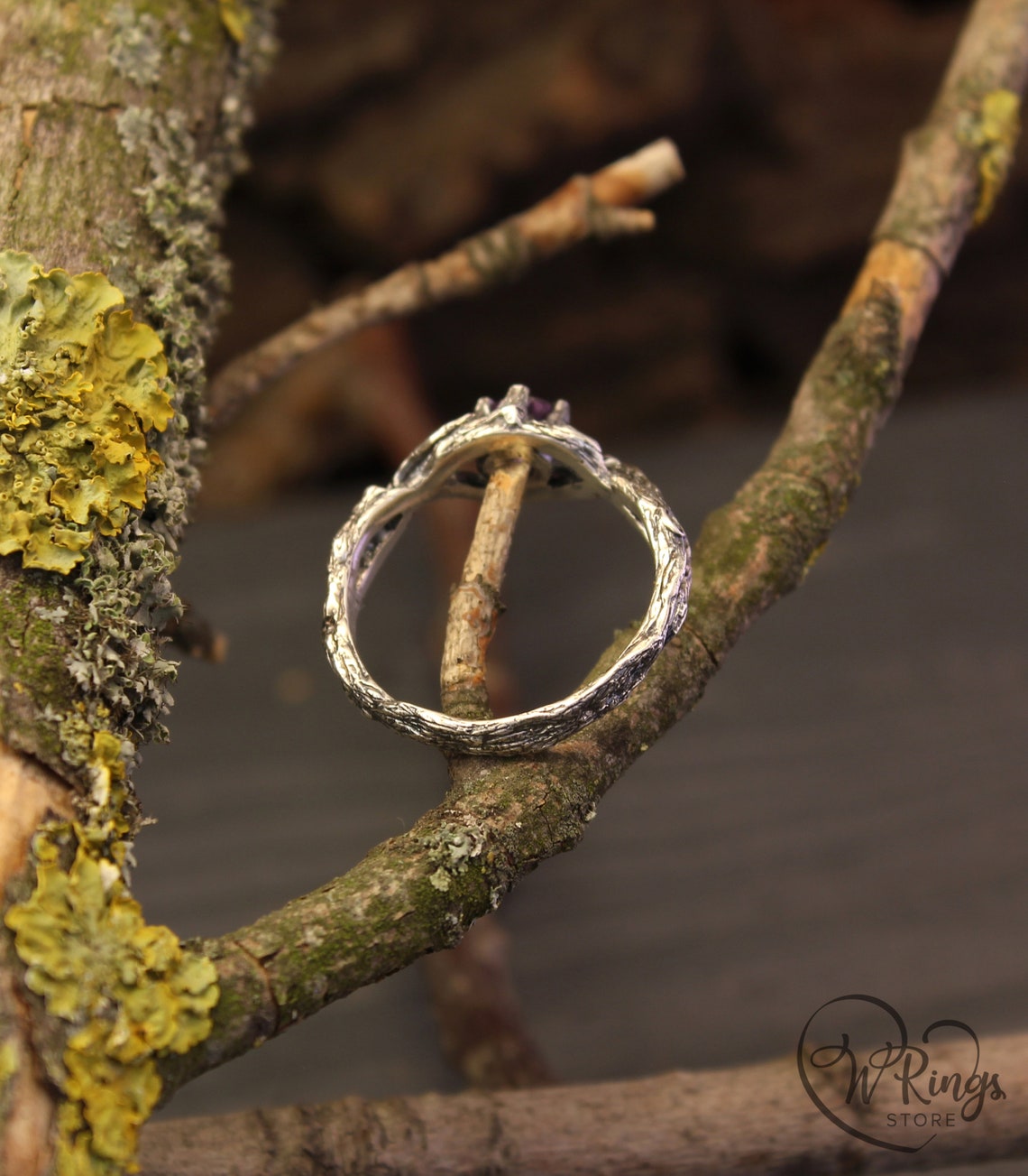 Unique Double Braided Silver Branch Ring with Natural Amethyst