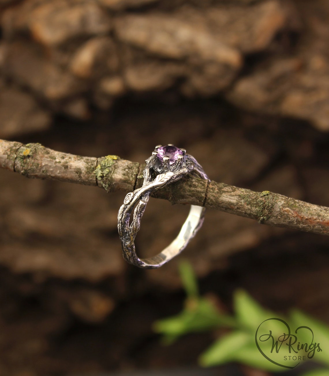 Unique Double Braided Silver Branch Ring with Natural Amethyst