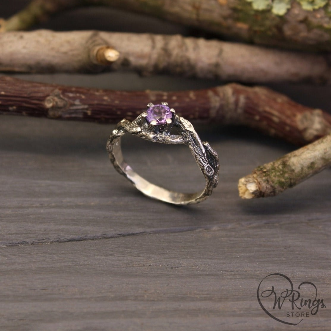 Unique Double Braided Silver Branch Ring with Natural Amethyst