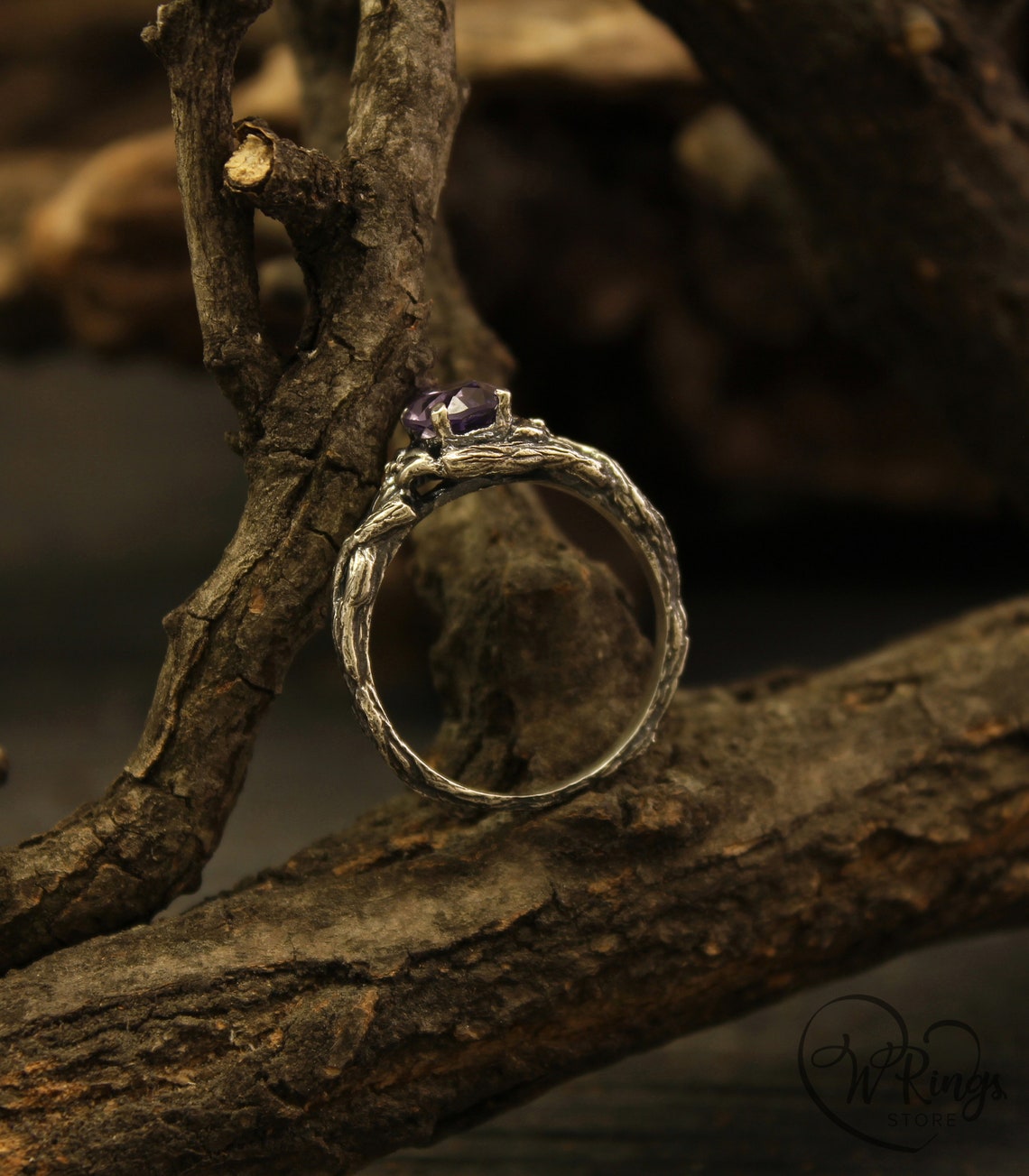 Oval Alexandrite Engagement Ring Braided Silver Branch & Leaves