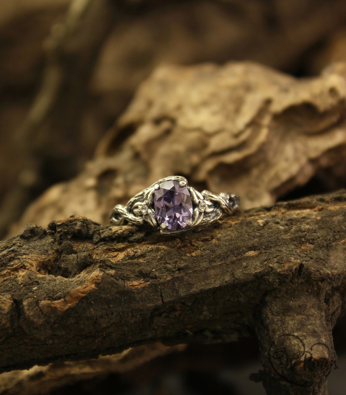 Oval Alexandrite Engagement Ring Braided Silver Branch & Leaves
