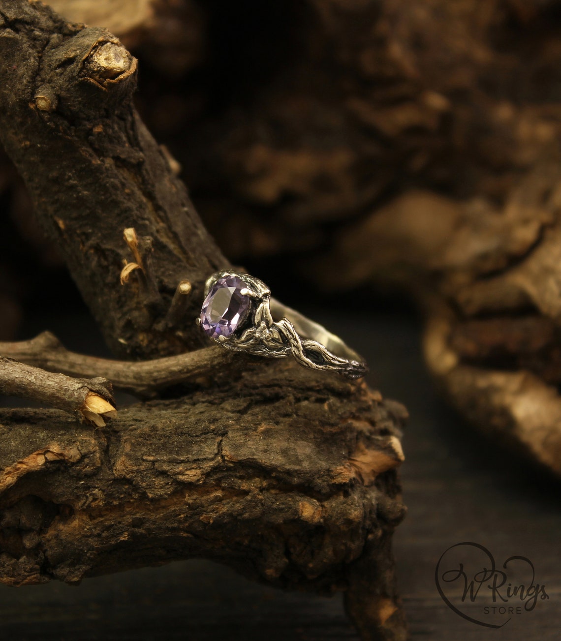 Oval Alexandrite Engagement Ring Braided Silver Branch & Leaves