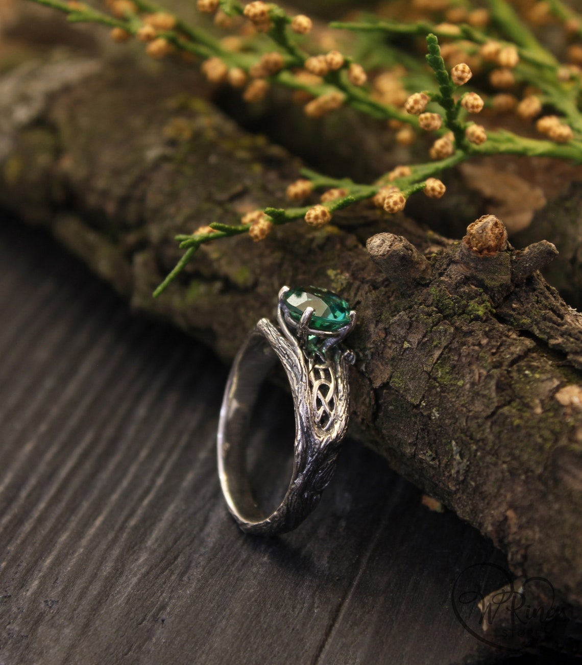 Silver Celtic Engagement Ring — Green Quartz and Tree bark