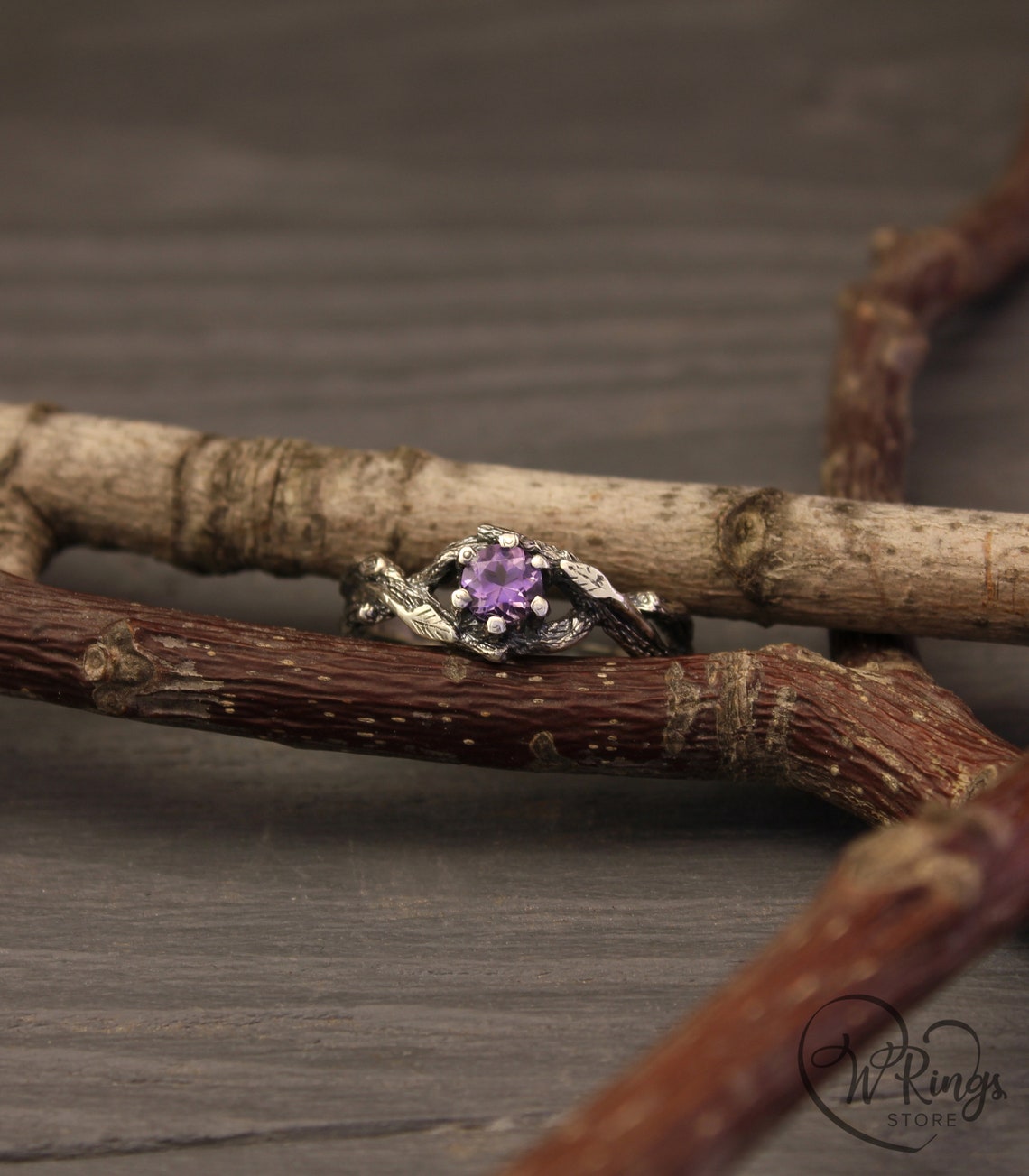 Unique Double Braided Silver Branch Ring with Natural Amethyst