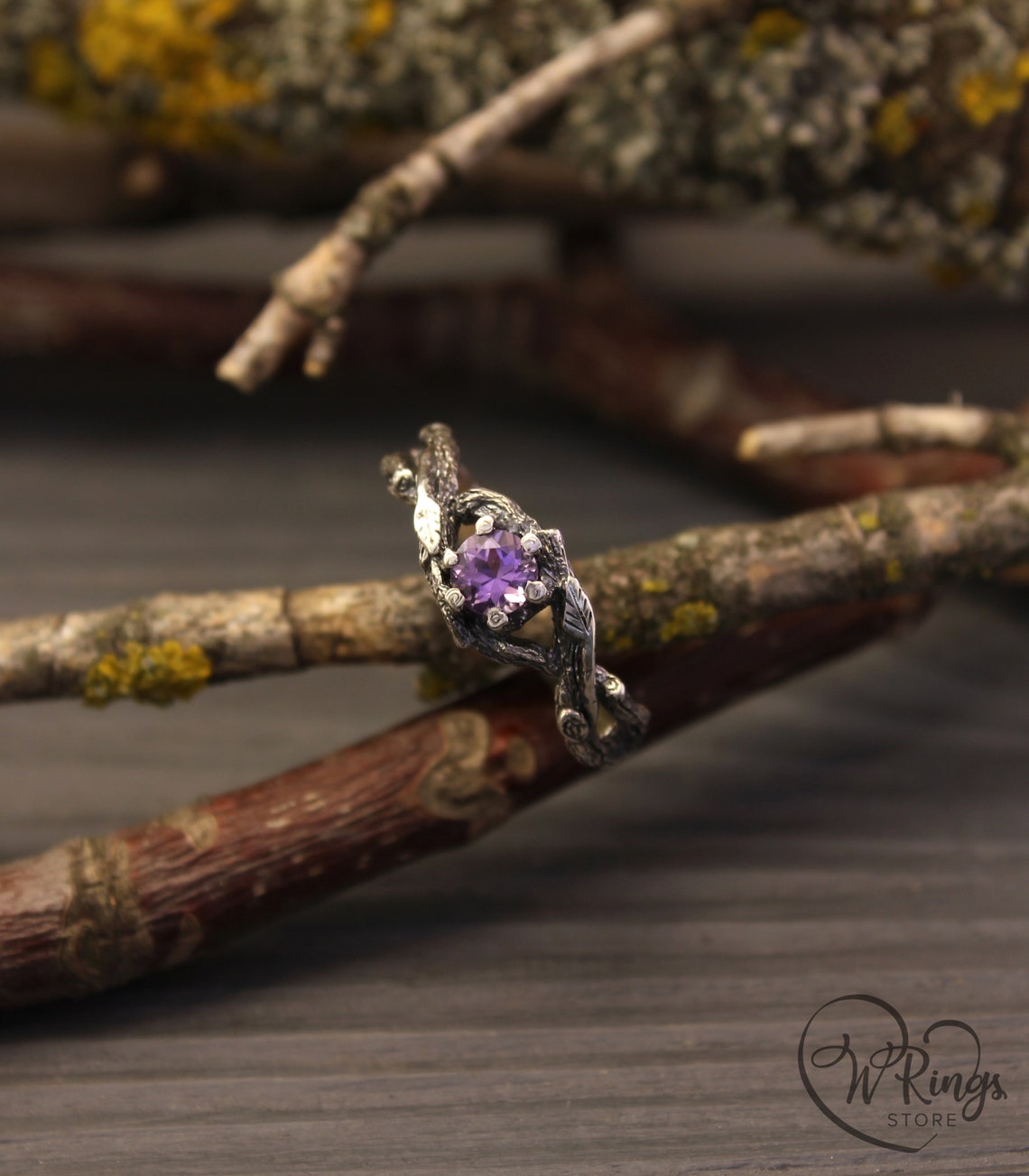 Unique Double Braided Silver Branch Ring with Natural Amethyst