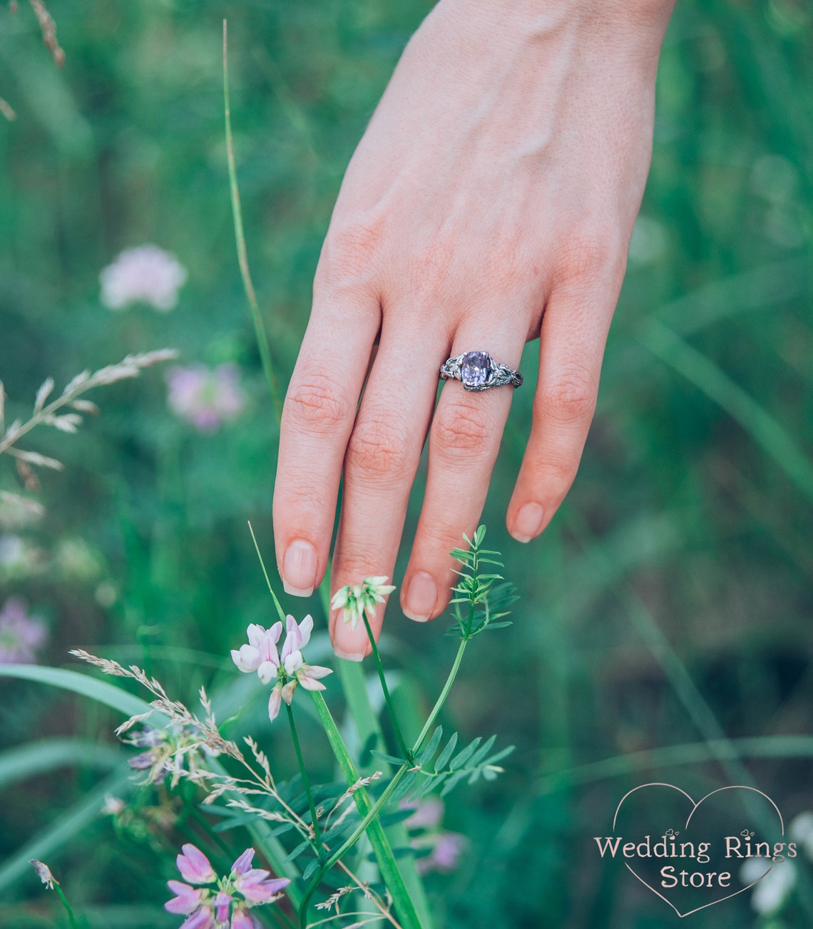 Oval Alexandrite Engagement Ring Braided Silver Branch & Leaves