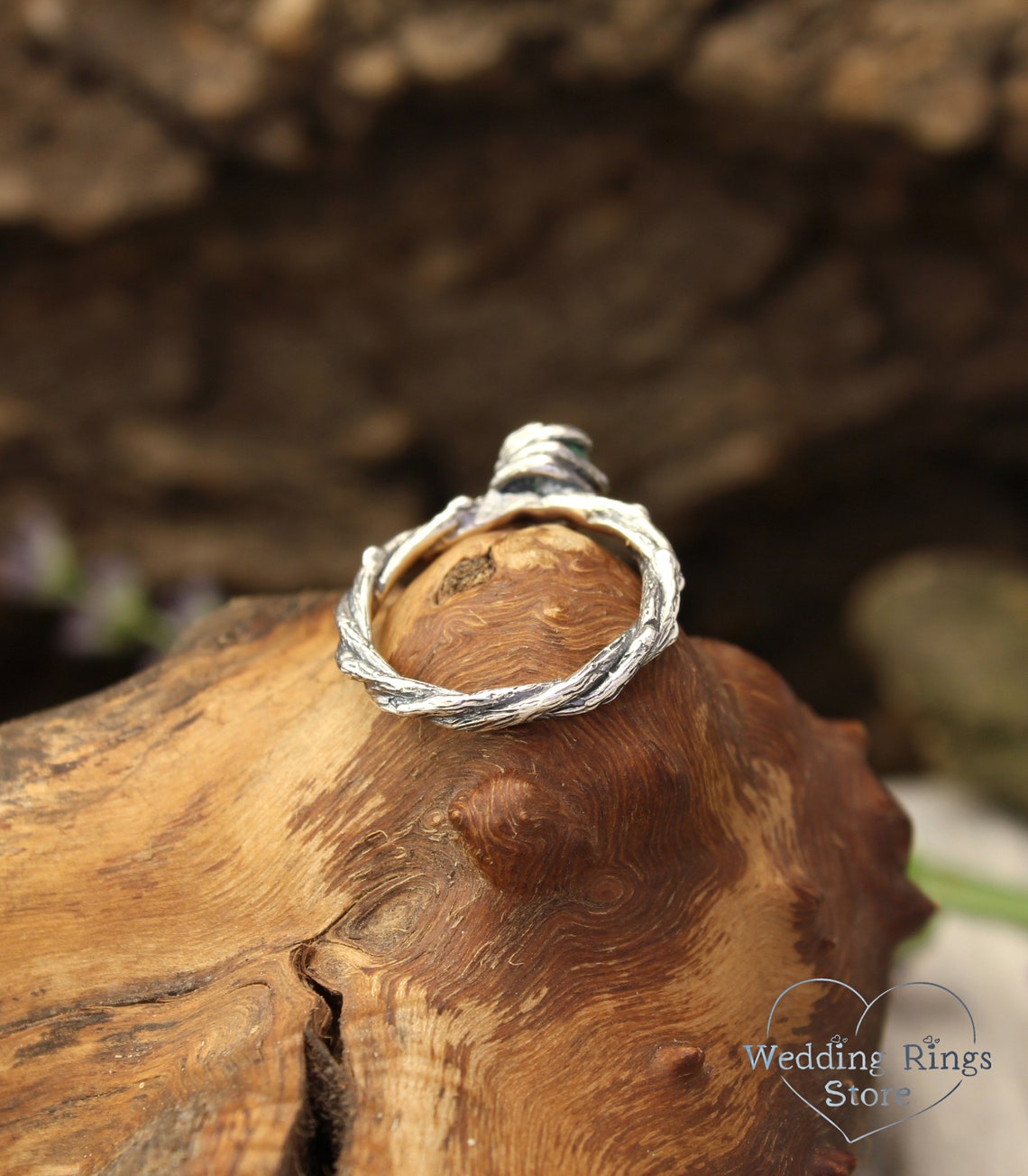 Green Quartz & Silver Nature inspired Braided Twig Ring