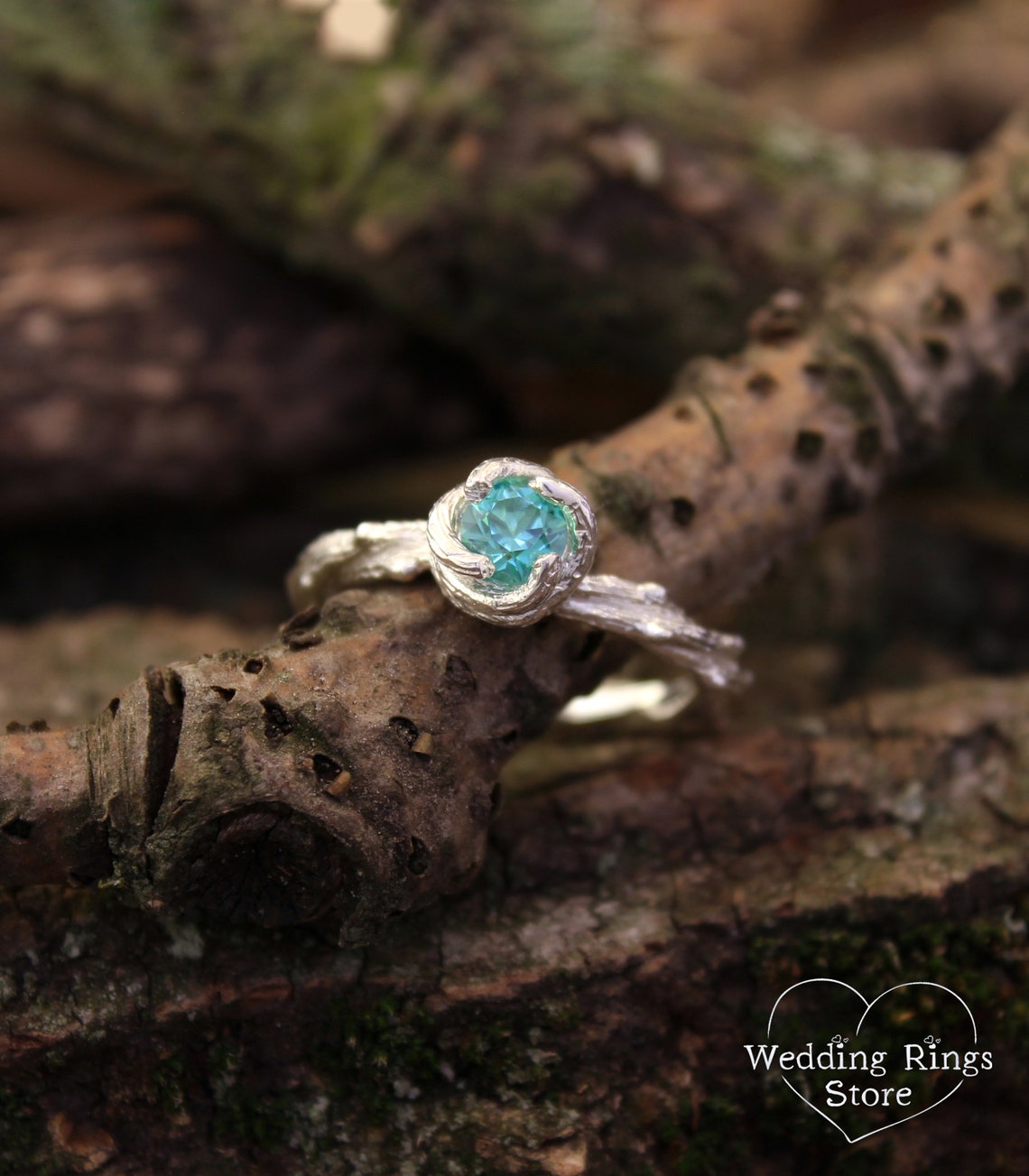 Green Quartz & Silver Nature inspired Braided Twig Ring