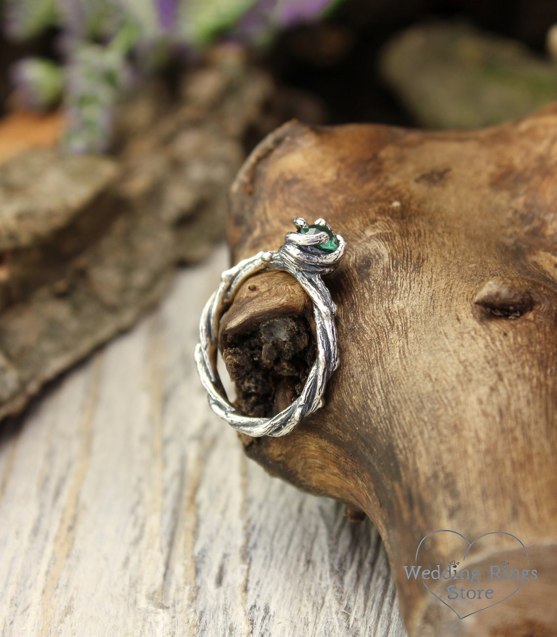 Green Quartz & Silver Nature inspired Braided Twig Ring