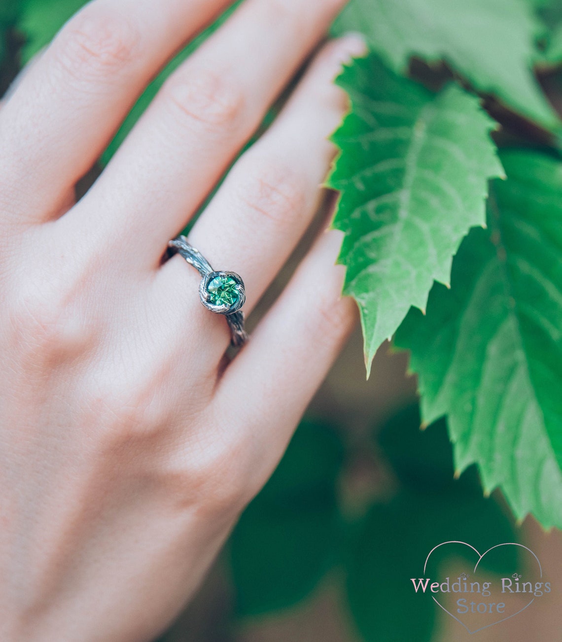 Green Quartz & Silver Nature inspired Braided Twig Ring