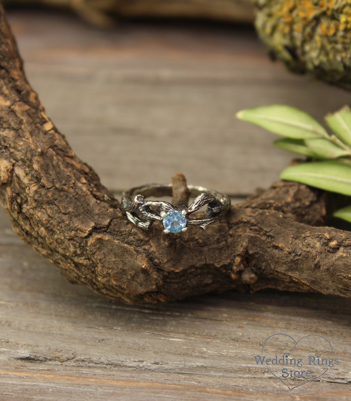 Dainty Small Branch Swiss Topaz Engagement Ring in Silver