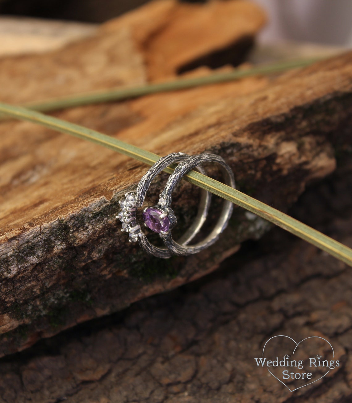 Amethyst & Cubic Zirconia Tiara Small Silver Twig Bridal Ring Set