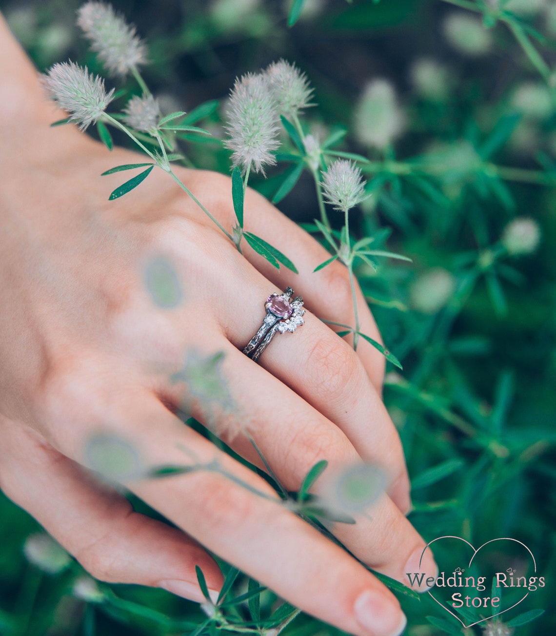 Amethyst & Cubic Zirconia Tiara Small Silver Twig Bridal Ring Set