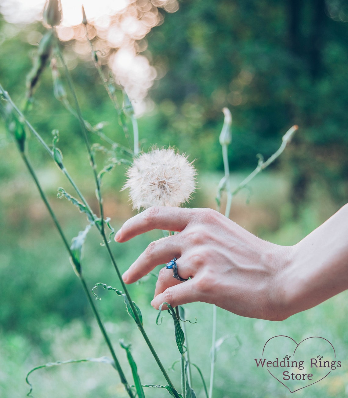Pear cut Sapphire joins Silver Branches Engagement Ring