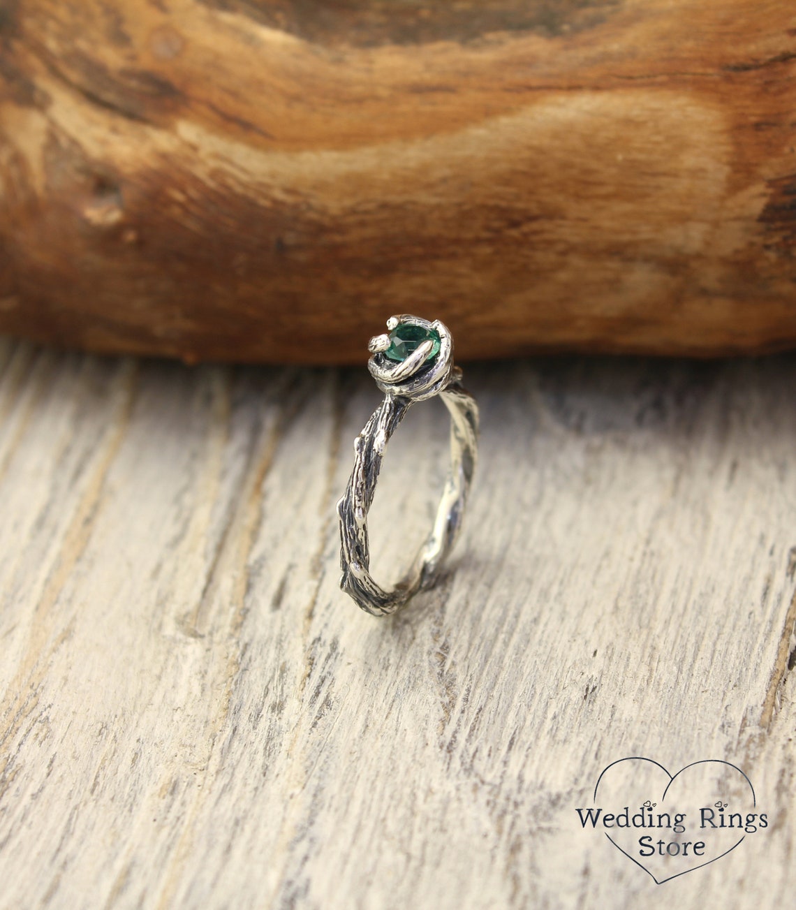Green Quartz & Silver Nature inspired Braided Twig Ring