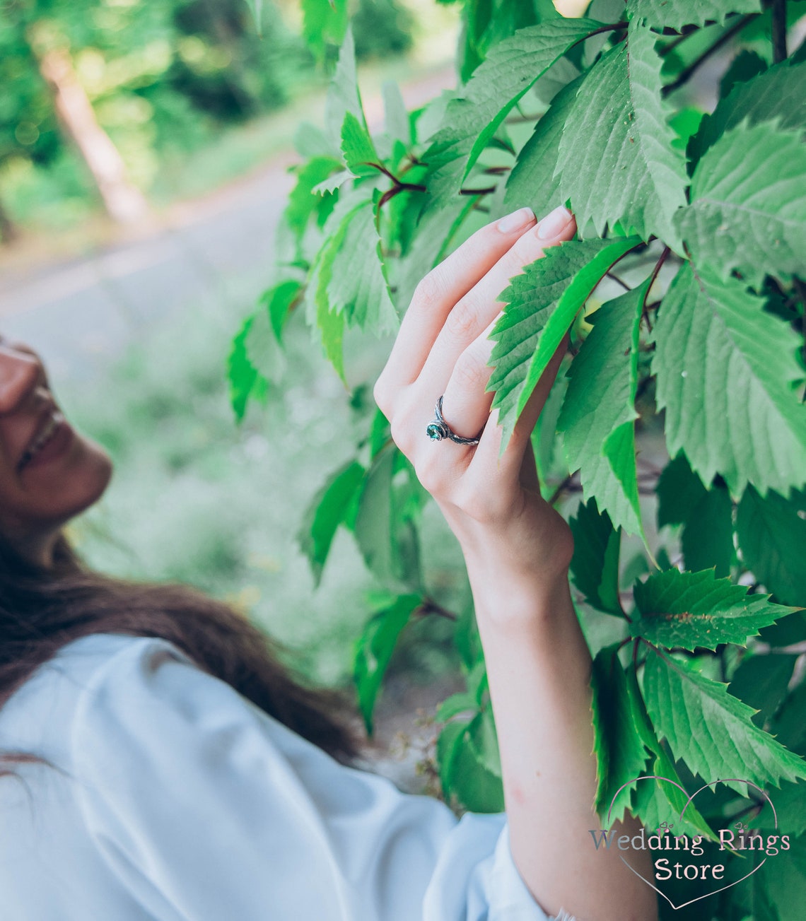 Green Quartz & Silver Nature inspired Braided Twig Ring