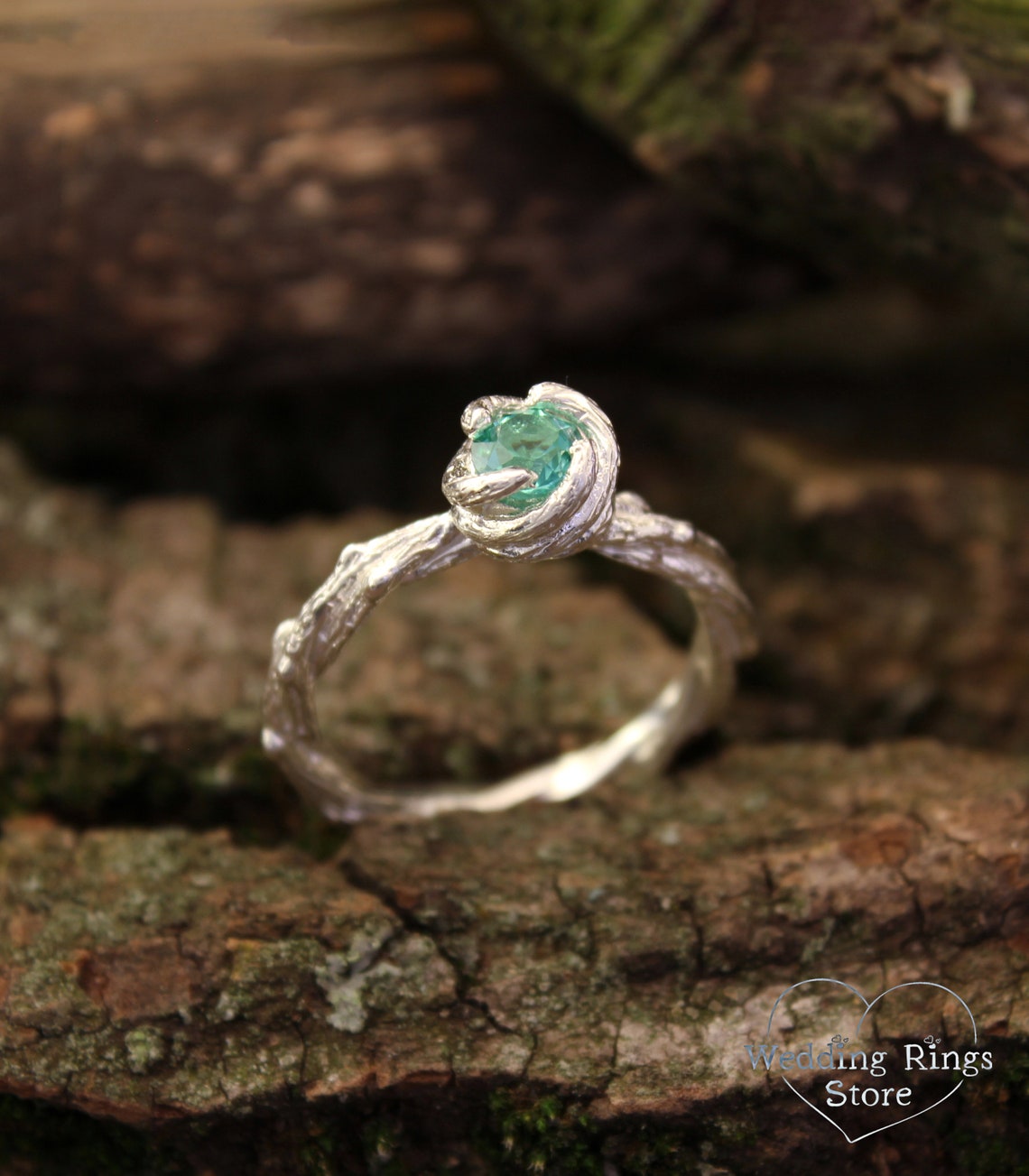 Green Quartz & Silver Nature inspired Braided Twig Ring