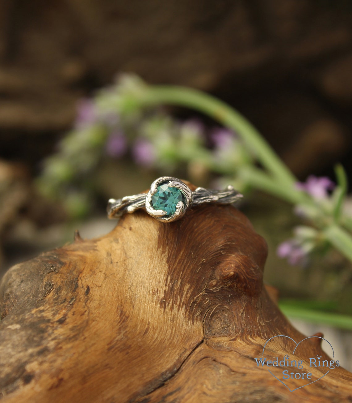 Green Quartz & Silver Nature inspired Braided Twig Ring