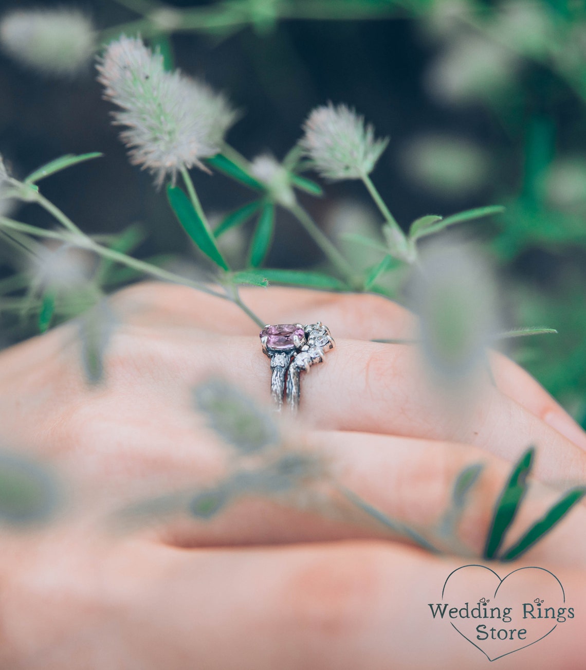 Amethyst & Cubic Zirconia Tiara Small Silver Twig Bridal Ring Set
